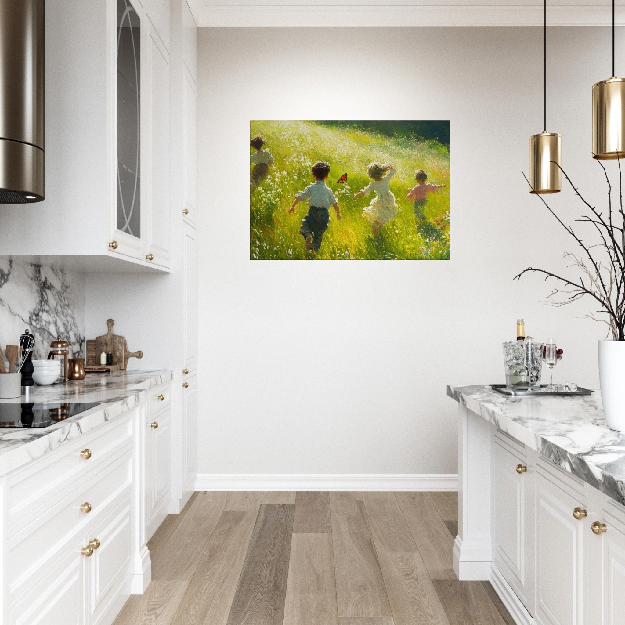 Canvas Landscape - Children Playing in a Meadow A sunlit country 3 - Shop Ai Art WebShop - Digital Art online Store
