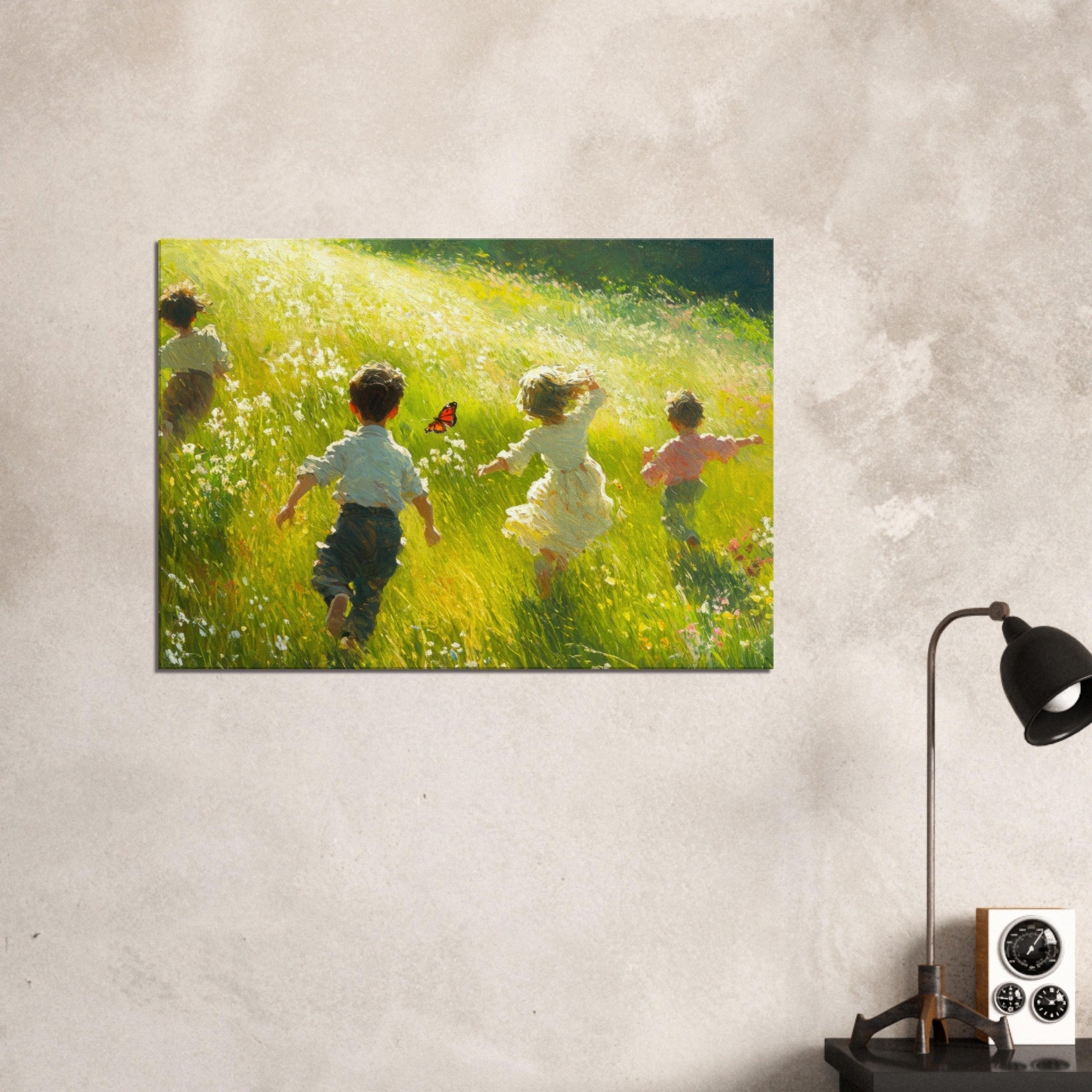 Canvas Landscape - Children Playing in a Meadow A sunlit country 3 - Shop Ai Art WebShop - Digital Art online Store