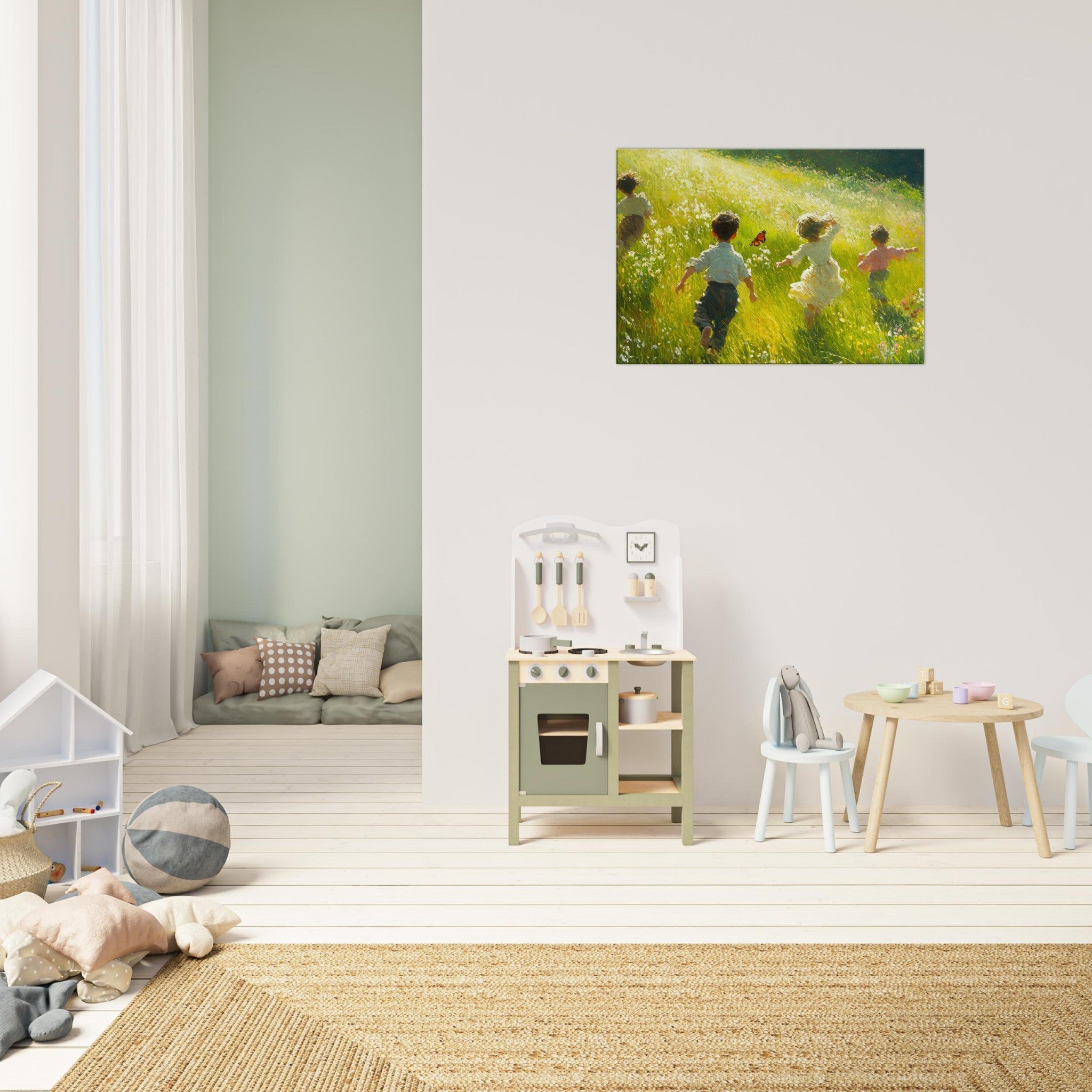 Canvas Landscape - Children Playing in a Meadow A sunlit country 3 - Shop Ai Art WebShop - Digital Art online Store