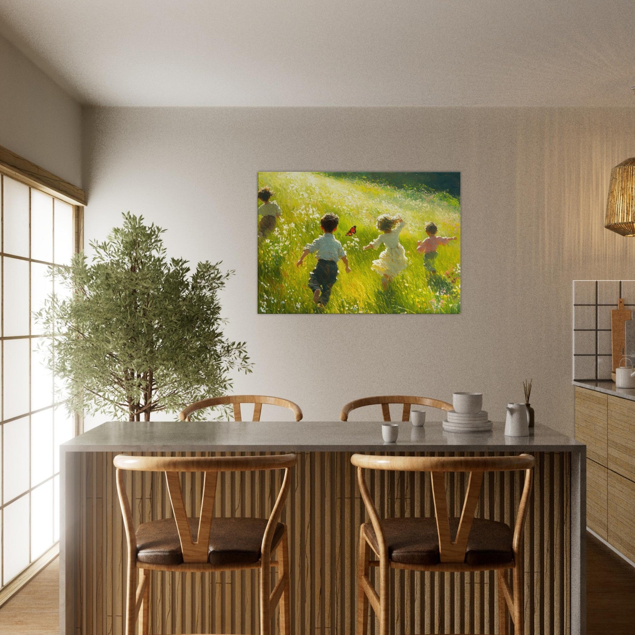 Canvas Landscape - Children Playing in a Meadow A sunlit country 3 - Shop Ai Art WebShop - Digital Art online Store
