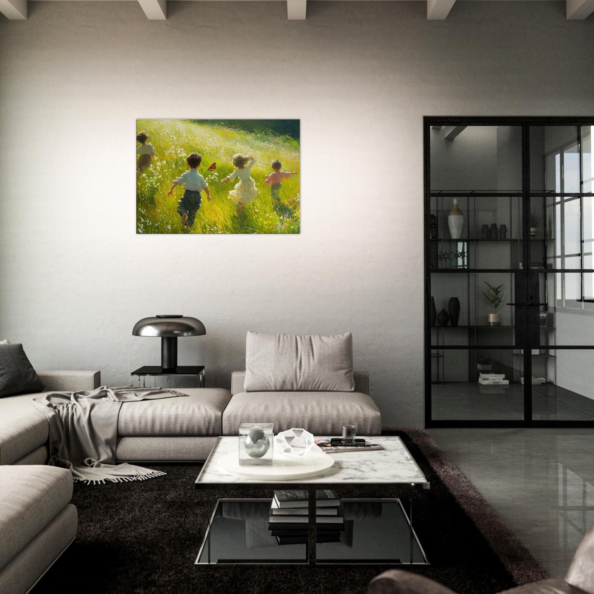 Canvas Landscape - Children Playing in a Meadow A sunlit country 3 - Shop Ai Art WebShop - Digital Art online Store