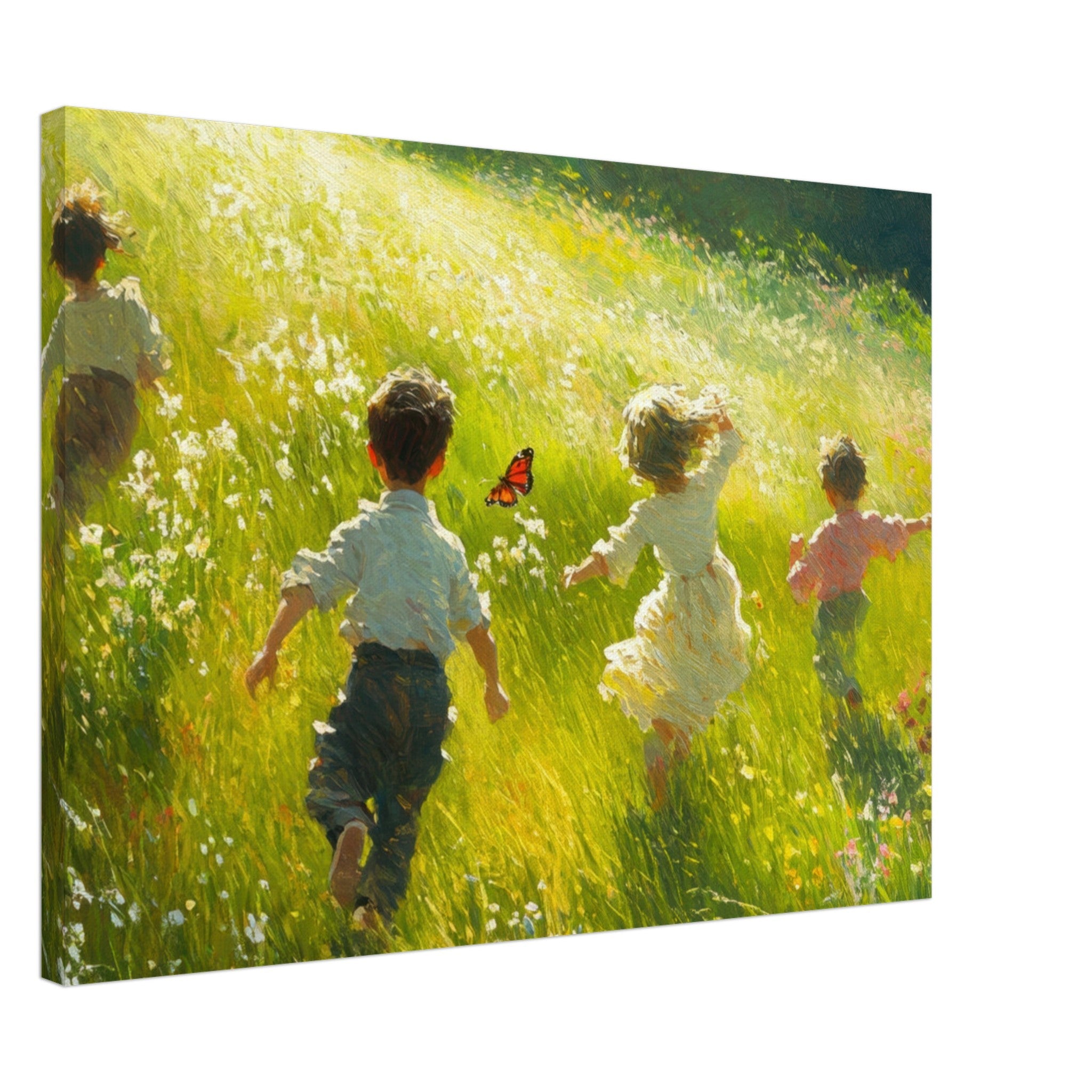 Canvas Landscape - Children Playing in a Meadow A sunlit country 3 - Shop Ai Art WebShop - Digital Art online Store
