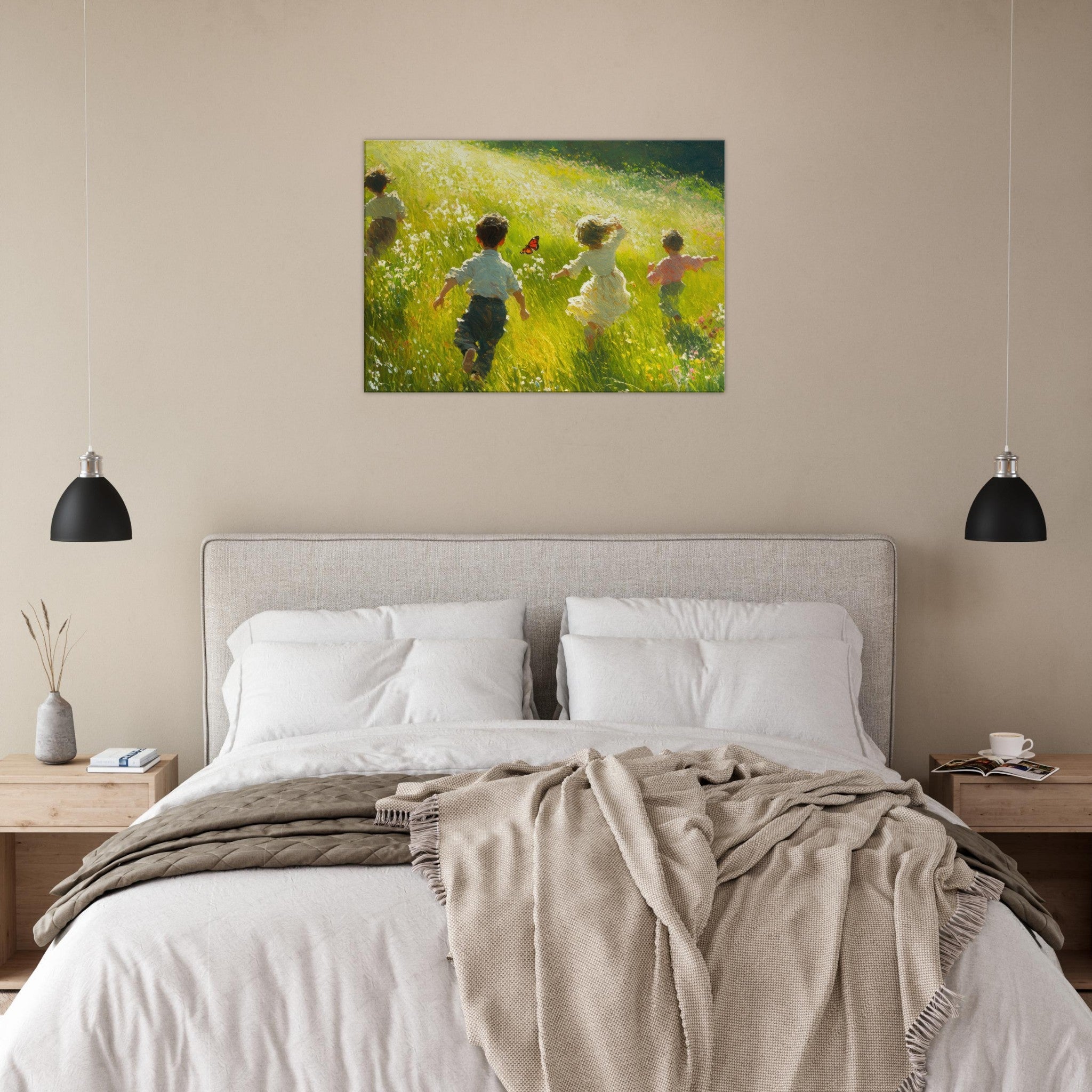 Canvas Landscape - Children Playing in a Meadow A sunlit country 3 - Shop Ai Art WebShop - Digital Art online Store