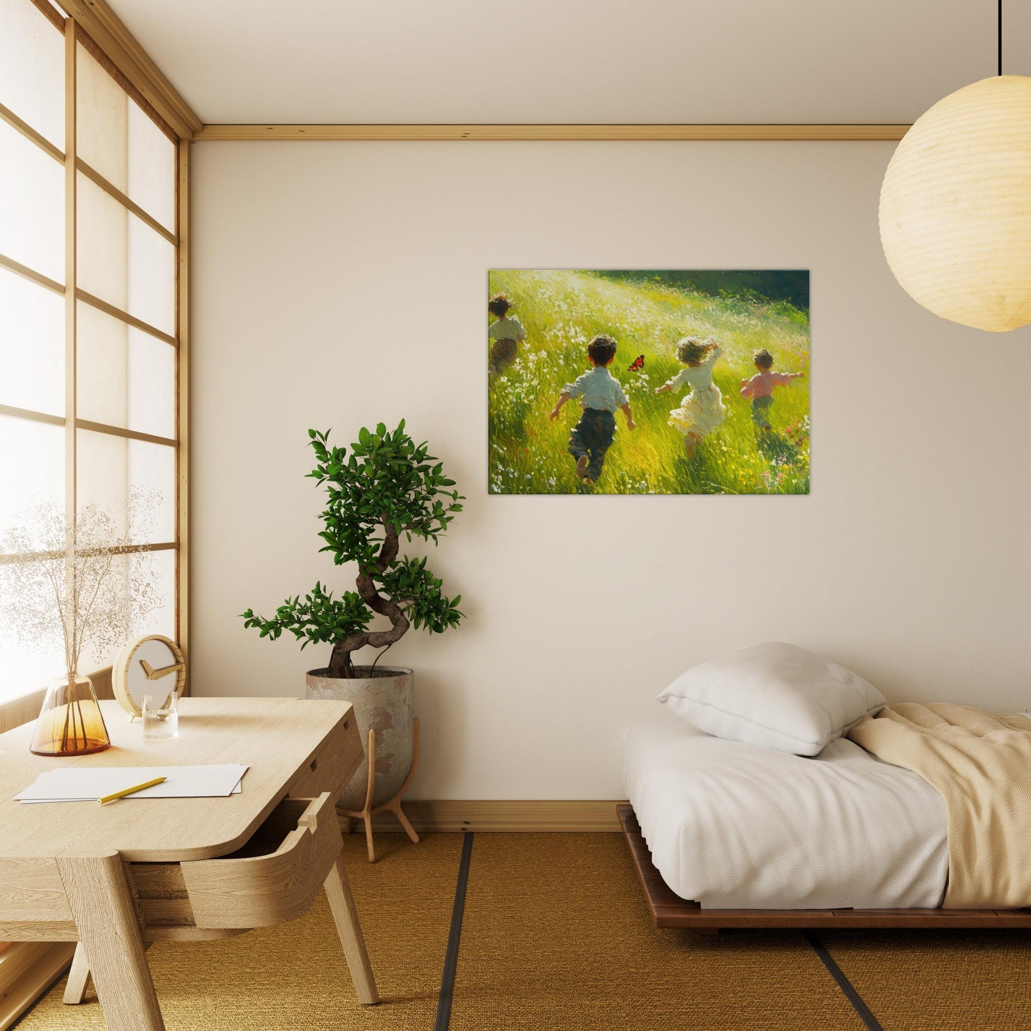 Canvas Landscape - Children Playing in a Meadow A sunlit country 3 - Shop Ai Art WebShop - Digital Art online Store