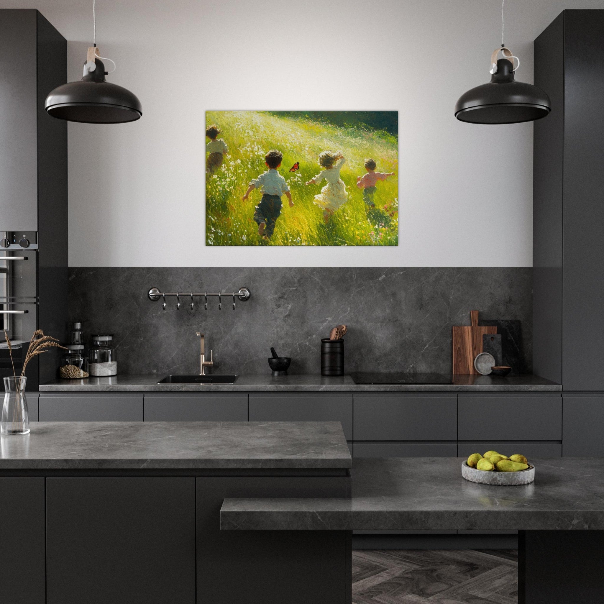 Canvas Landscape - Children Playing in a Meadow A sunlit country 3 - Shop Ai Art WebShop - Digital Art online Store
