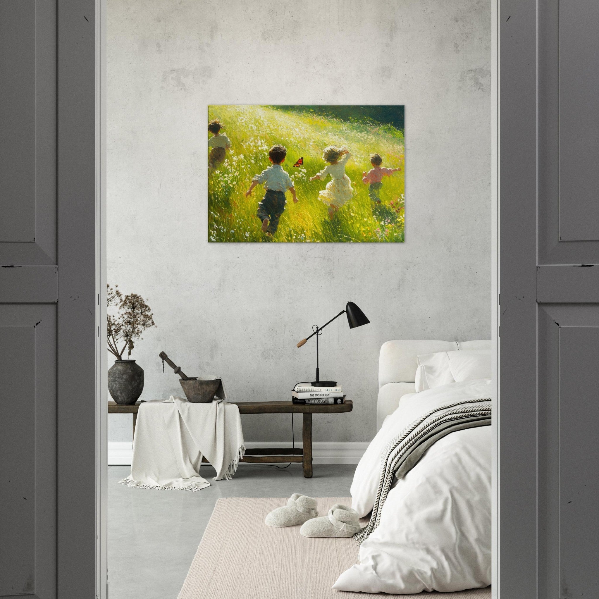 Canvas Landscape - Children Playing in a Meadow A sunlit country 3 - Shop Ai Art WebShop - Digital Art online Store