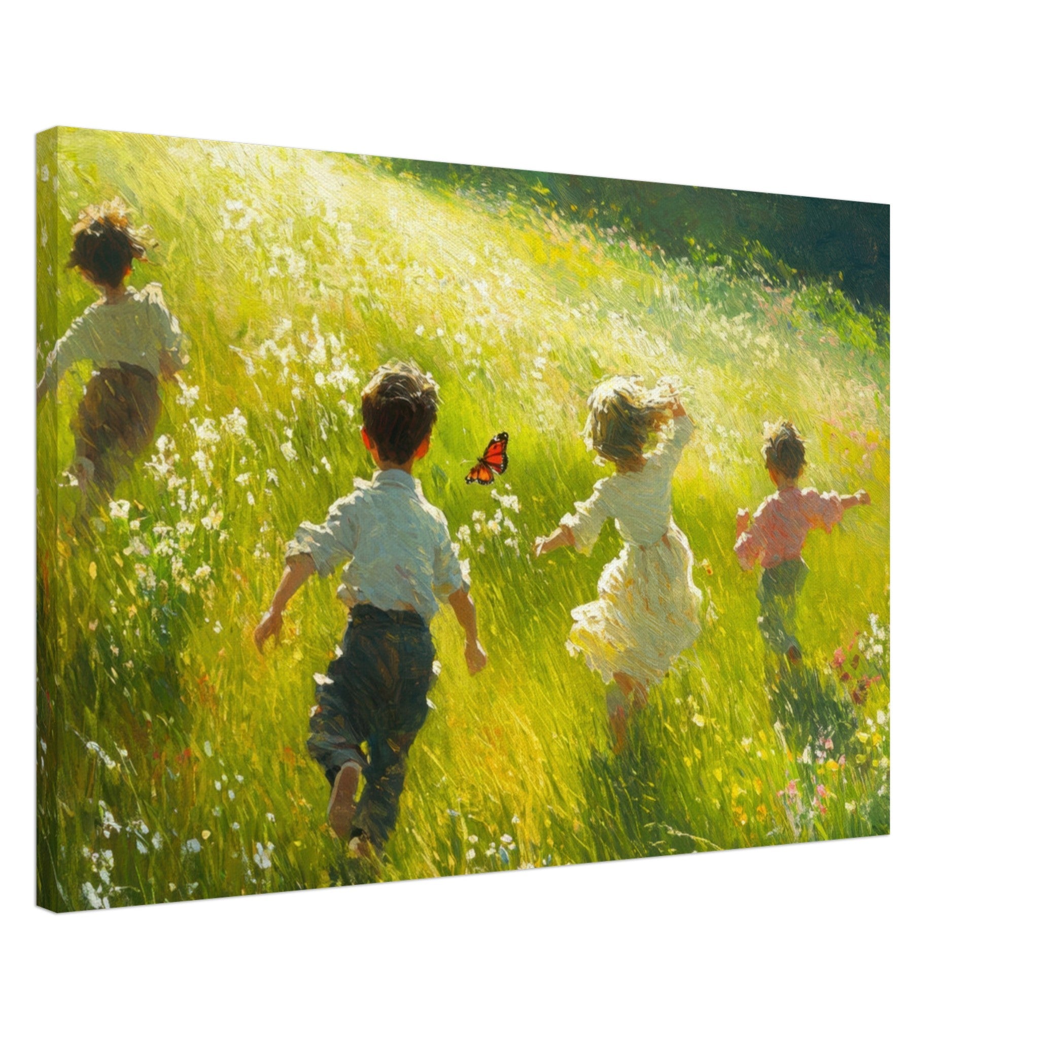 Canvas Landscape - Children Playing in a Meadow A sunlit country 3 - Shop Ai Art WebShop - Digital Art online Store