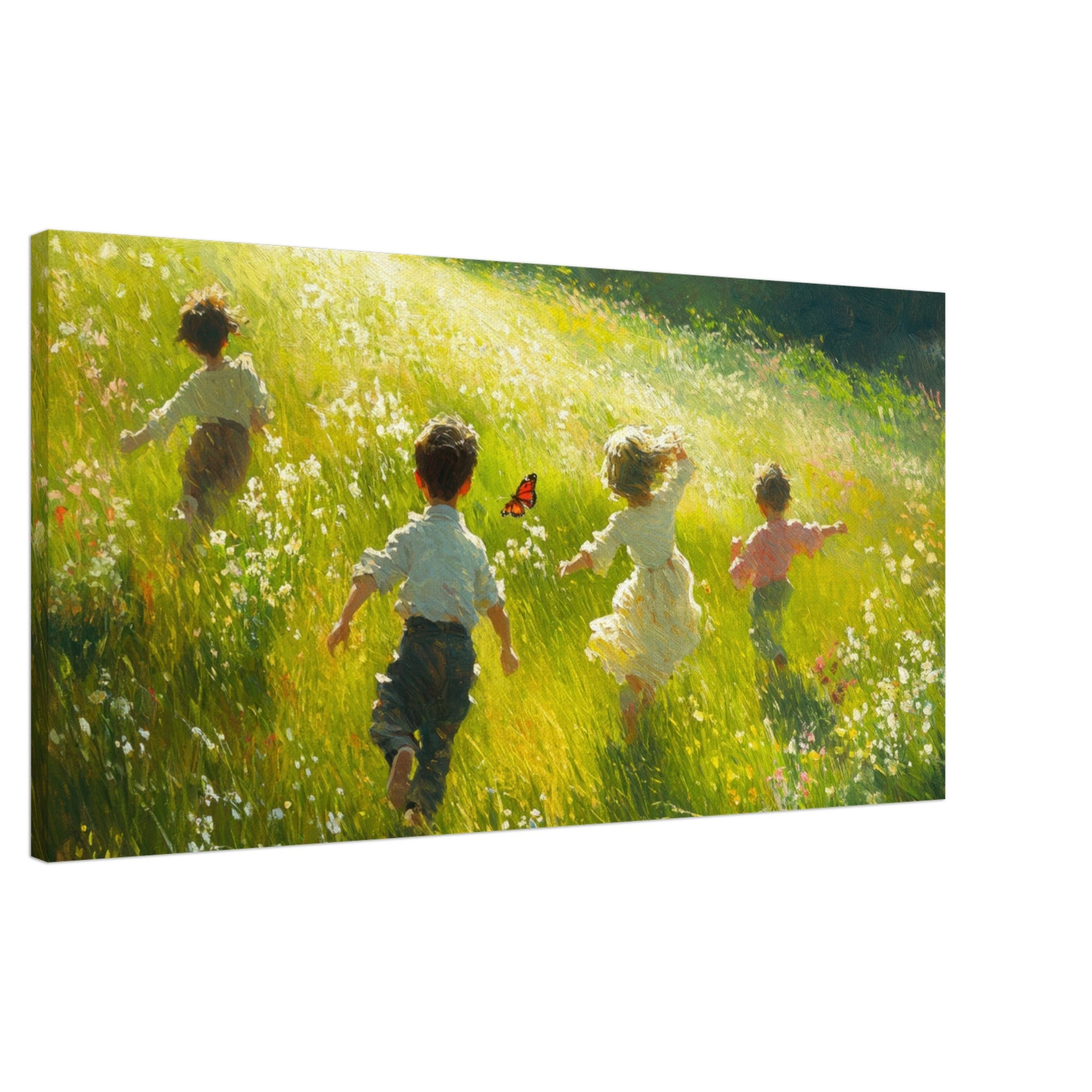 Canvas Landscape - Children Playing in a Meadow A sunlit country 3 - Shop Ai Art WebShop - Digital Art online Store