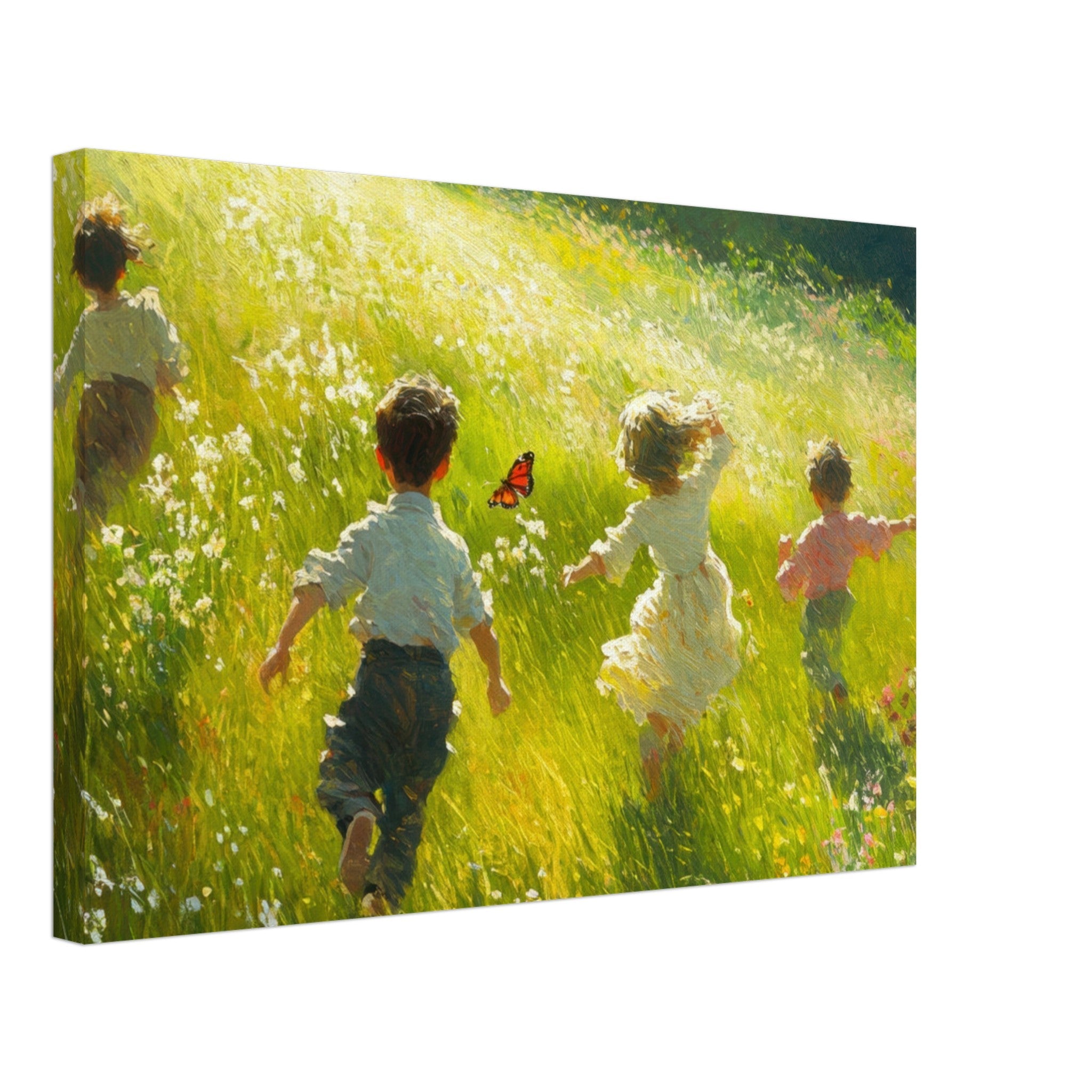 Canvas Landscape - Children Playing in a Meadow A sunlit country 3 - Shop Ai Art WebShop - Digital Art online Store