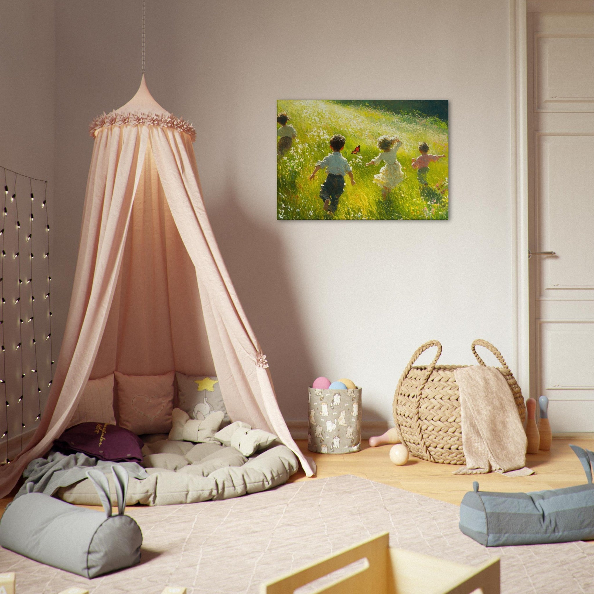 Canvas Landscape - Children Playing in a Meadow A sunlit country 3 - Shop Ai Art WebShop - Digital Art online Store