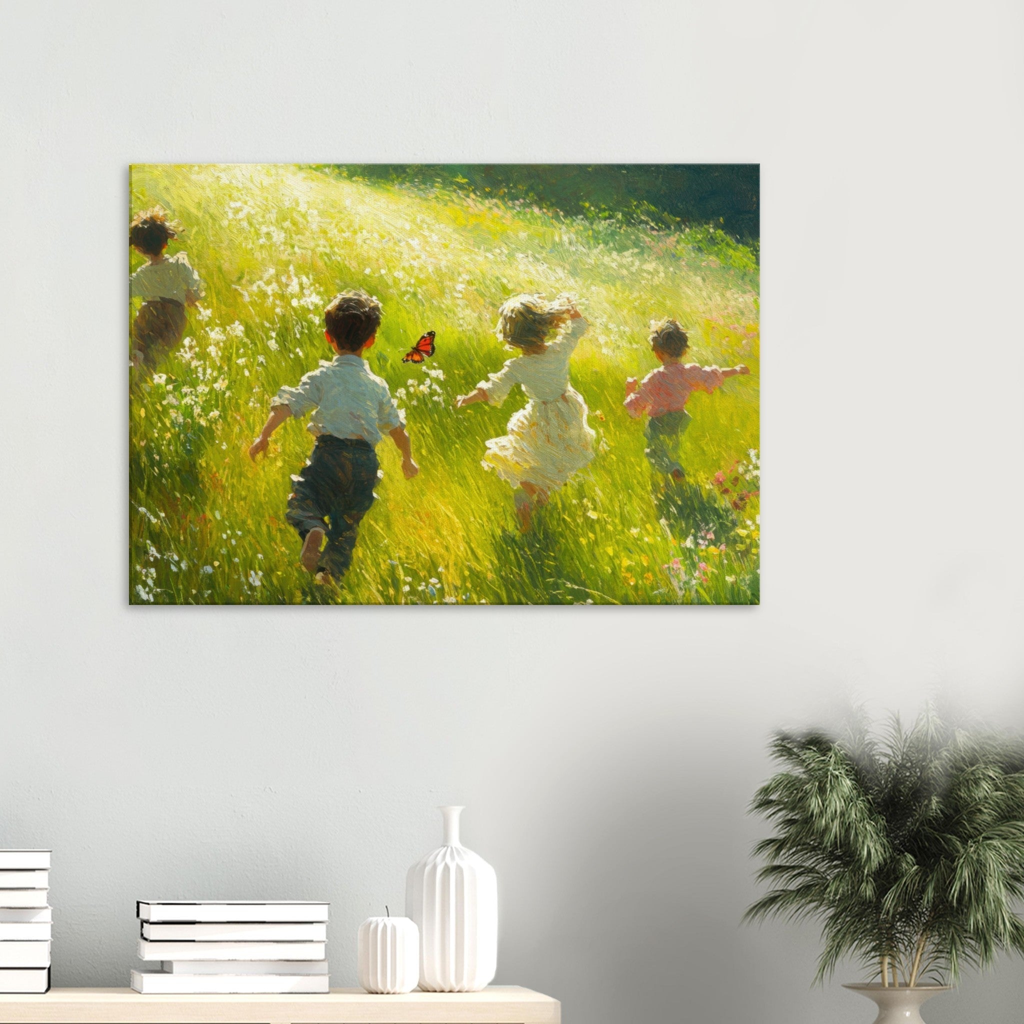 Canvas Landscape - Children Playing in a Meadow A sunlit country 3 - Shop Ai Art WebShop - Digital Art online Store