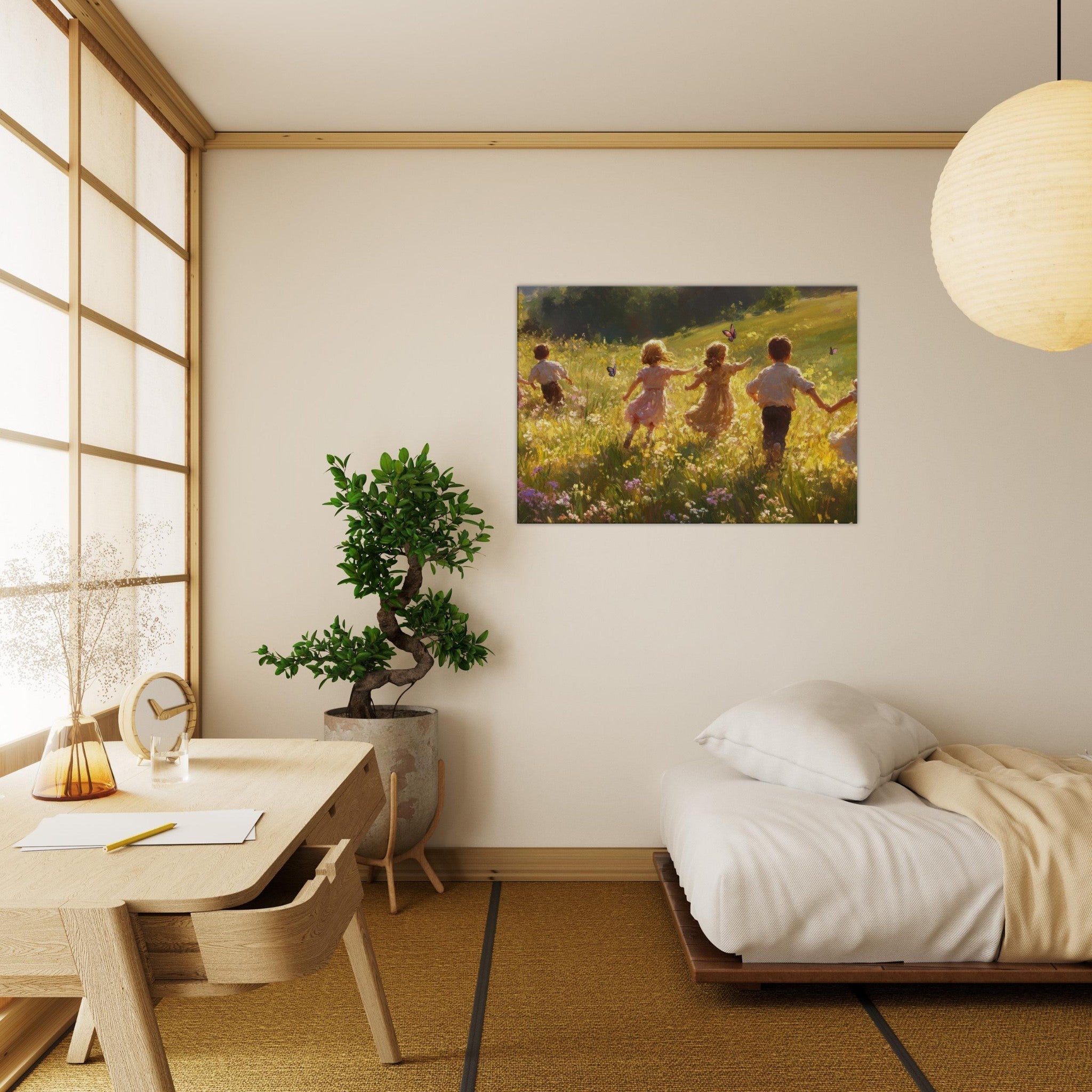Canvas Landscape - Children Playing in a Meadow A sunlit country - Shop Ai Art WebShop - Digital Art online Store