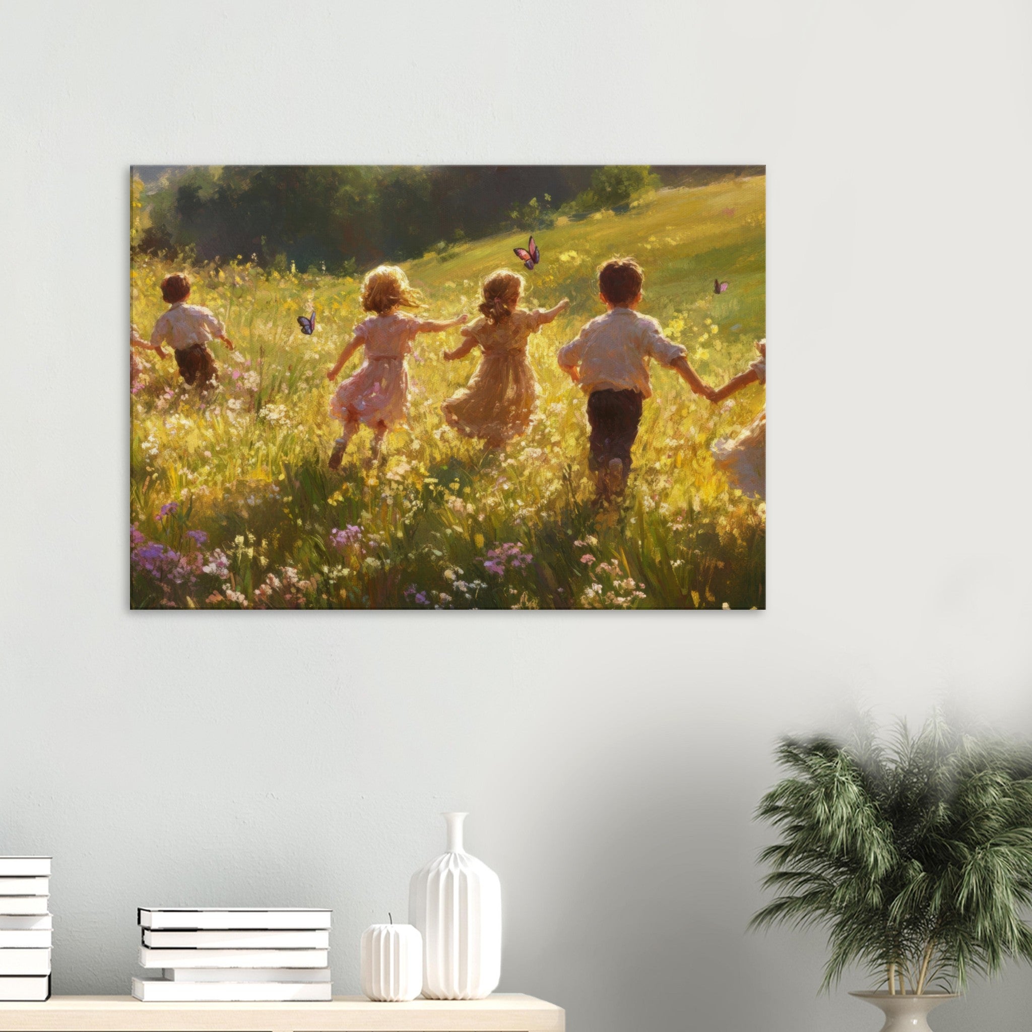 Canvas Landscape - Children Playing in a Meadow A sunlit country - Shop Ai Art WebShop - Digital Art online Store