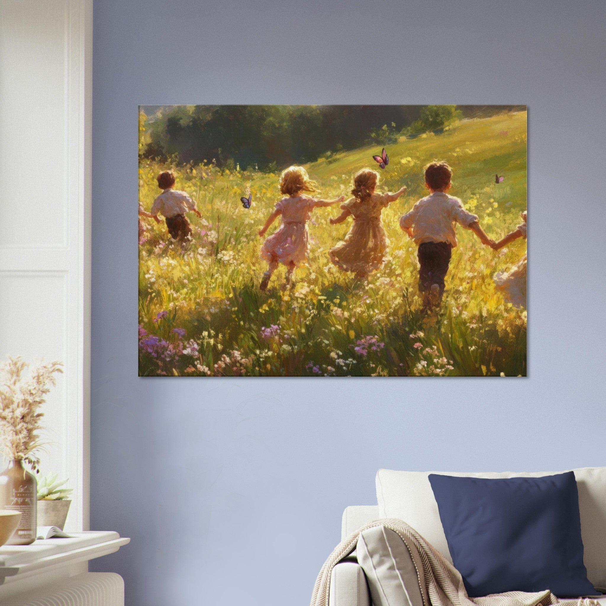 Canvas Landscape - Children Playing in a Meadow A sunlit country - Shop Ai Art WebShop - Digital Art online Store