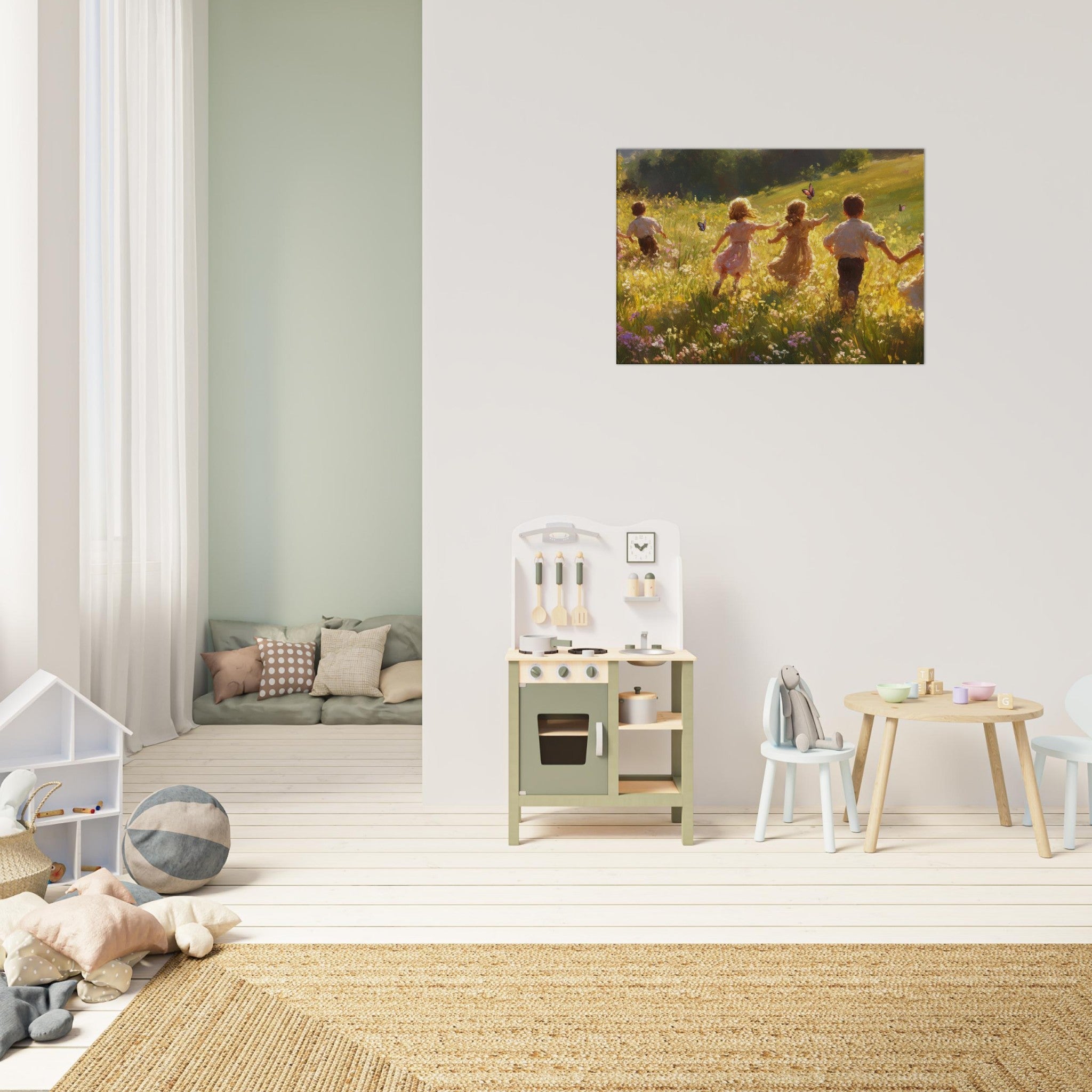 Canvas Landscape - Children Playing in a Meadow A sunlit country - Shop Ai Art WebShop - Digital Art online Store