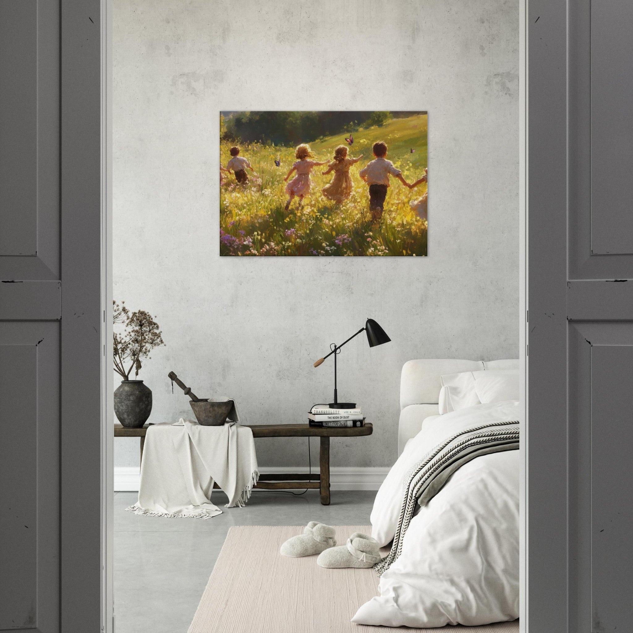 Canvas Landscape - Children Playing in a Meadow A sunlit country - Shop Ai Art WebShop - Digital Art online Store