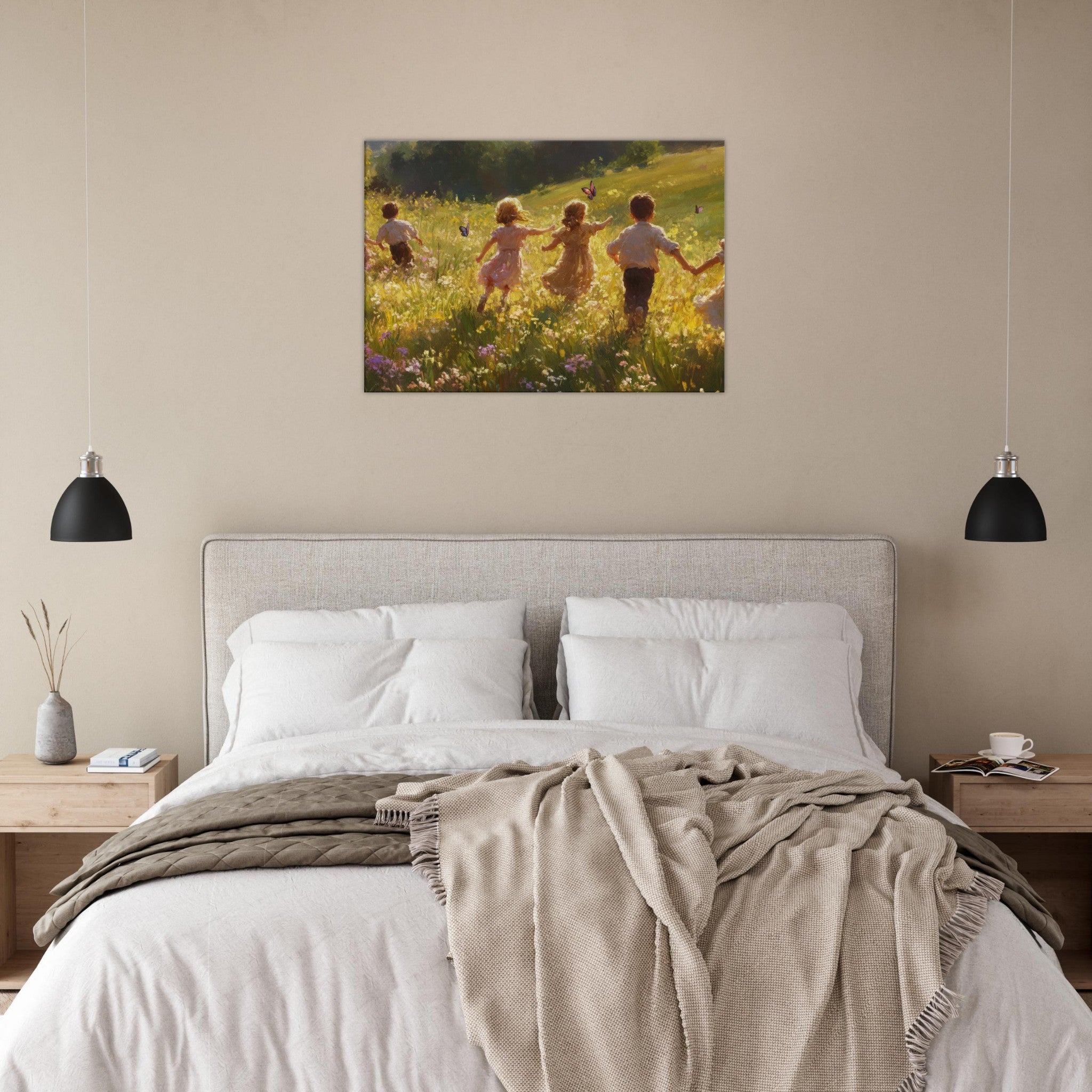 Canvas Landscape - Children Playing in a Meadow A sunlit country - Shop Ai Art WebShop - Digital Art online Store