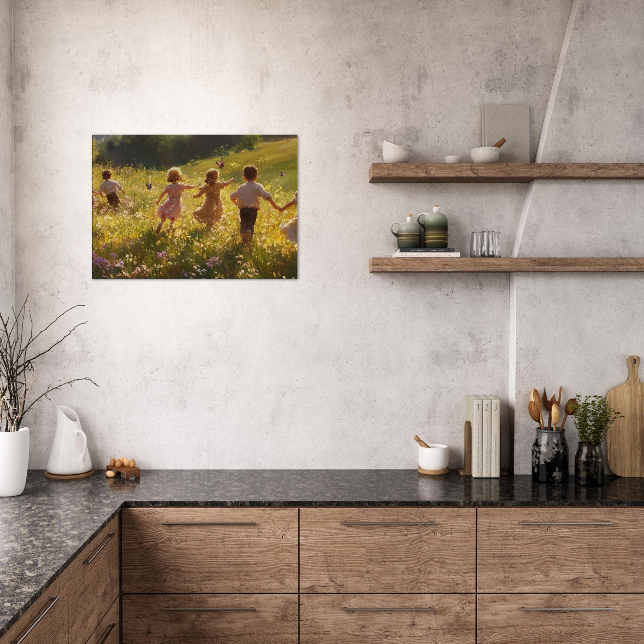 Canvas Landscape - Children Playing in a Meadow A sunlit country - Shop Ai Art WebShop - Digital Art online Store