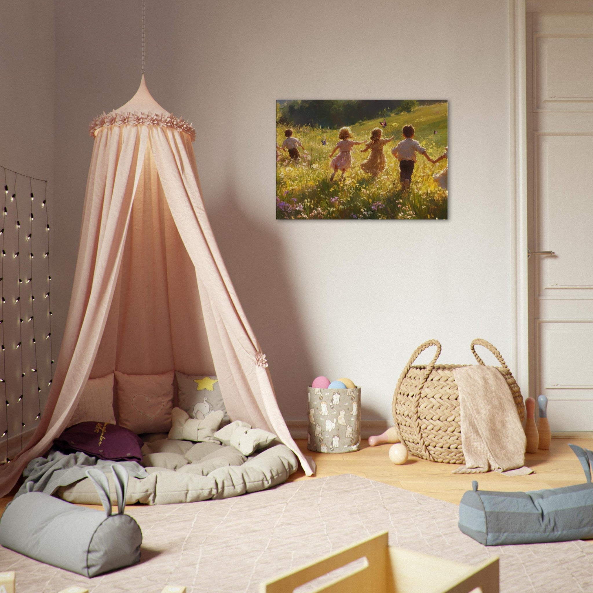 Canvas Landscape - Children Playing in a Meadow A sunlit country - Shop Ai Art WebShop - Digital Art online Store