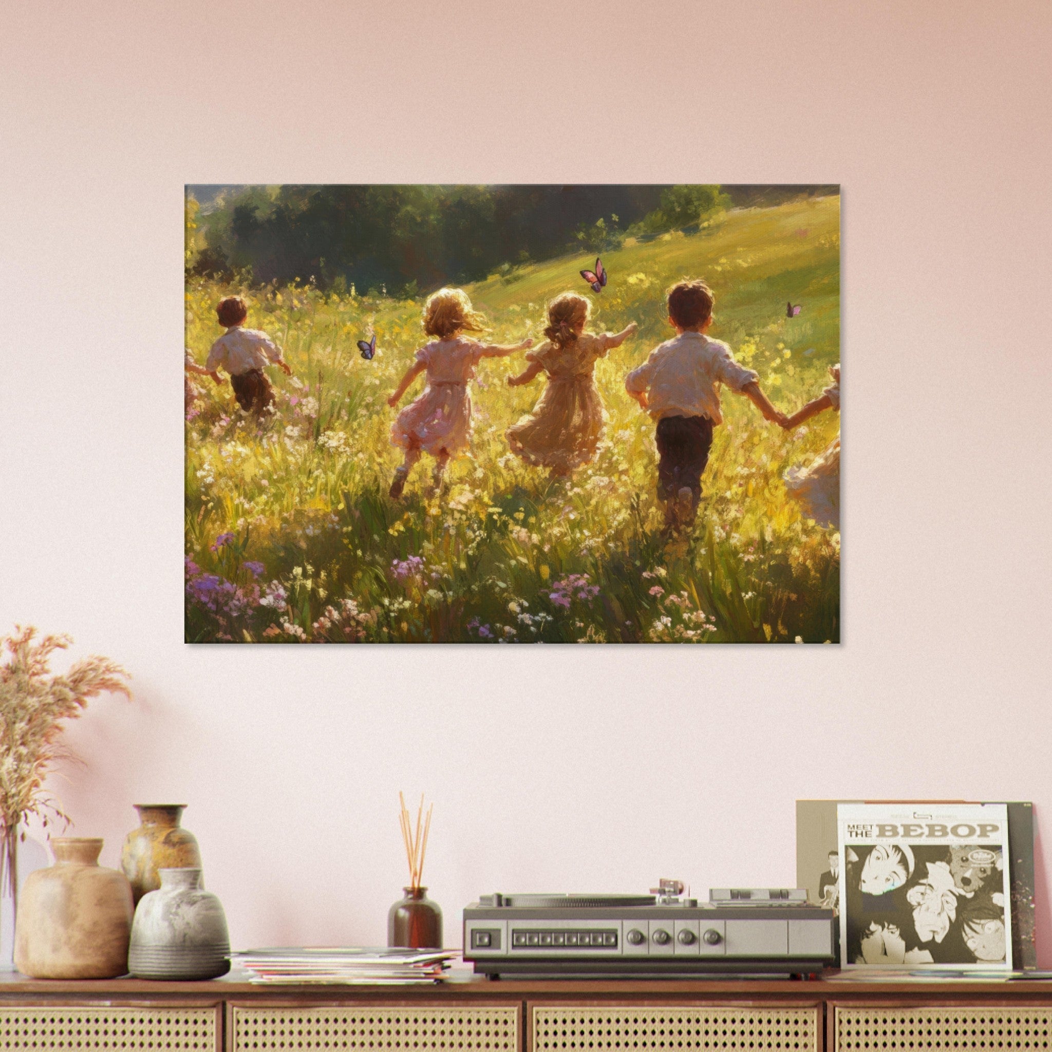 Canvas Landscape - Children Playing in a Meadow A sunlit country - Shop Ai Art WebShop - Digital Art online Store