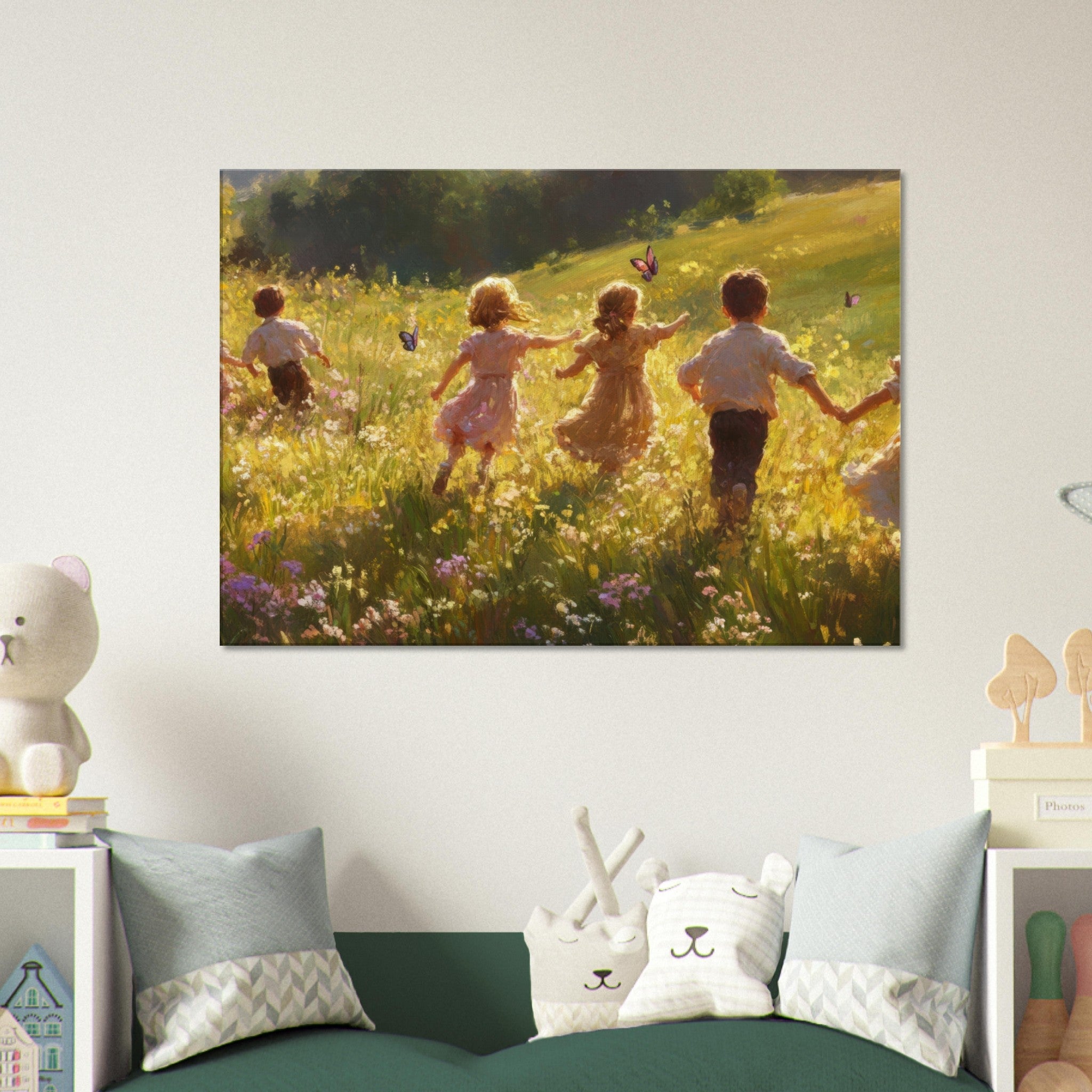 Canvas Landscape - Children Playing in a Meadow A sunlit country - Shop Ai Art WebShop - Digital Art online Store