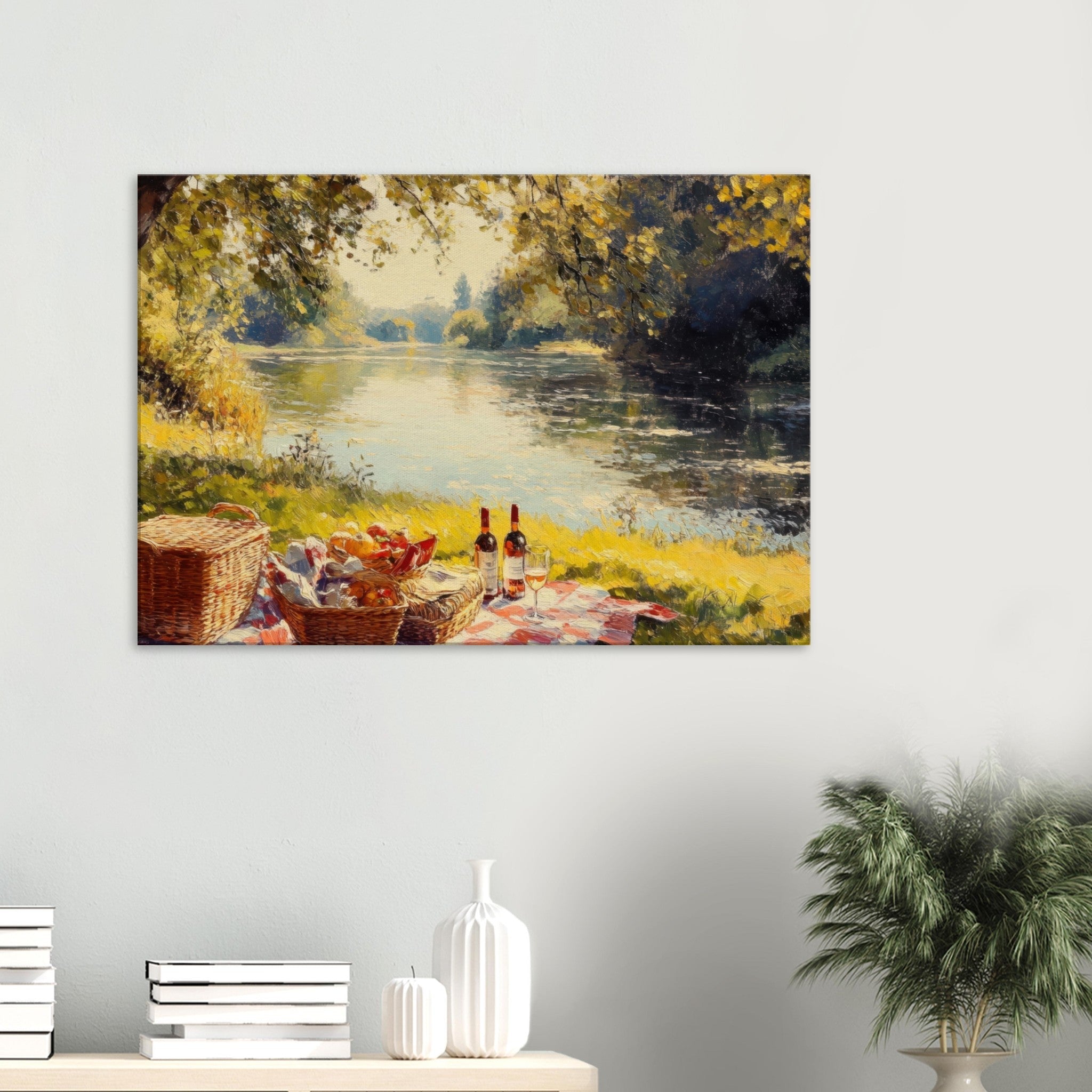 Canvas Landscape - Countryside Picnic by a River A lazy afternoon - Shop Ai Art WebShop - Digital Art online Store