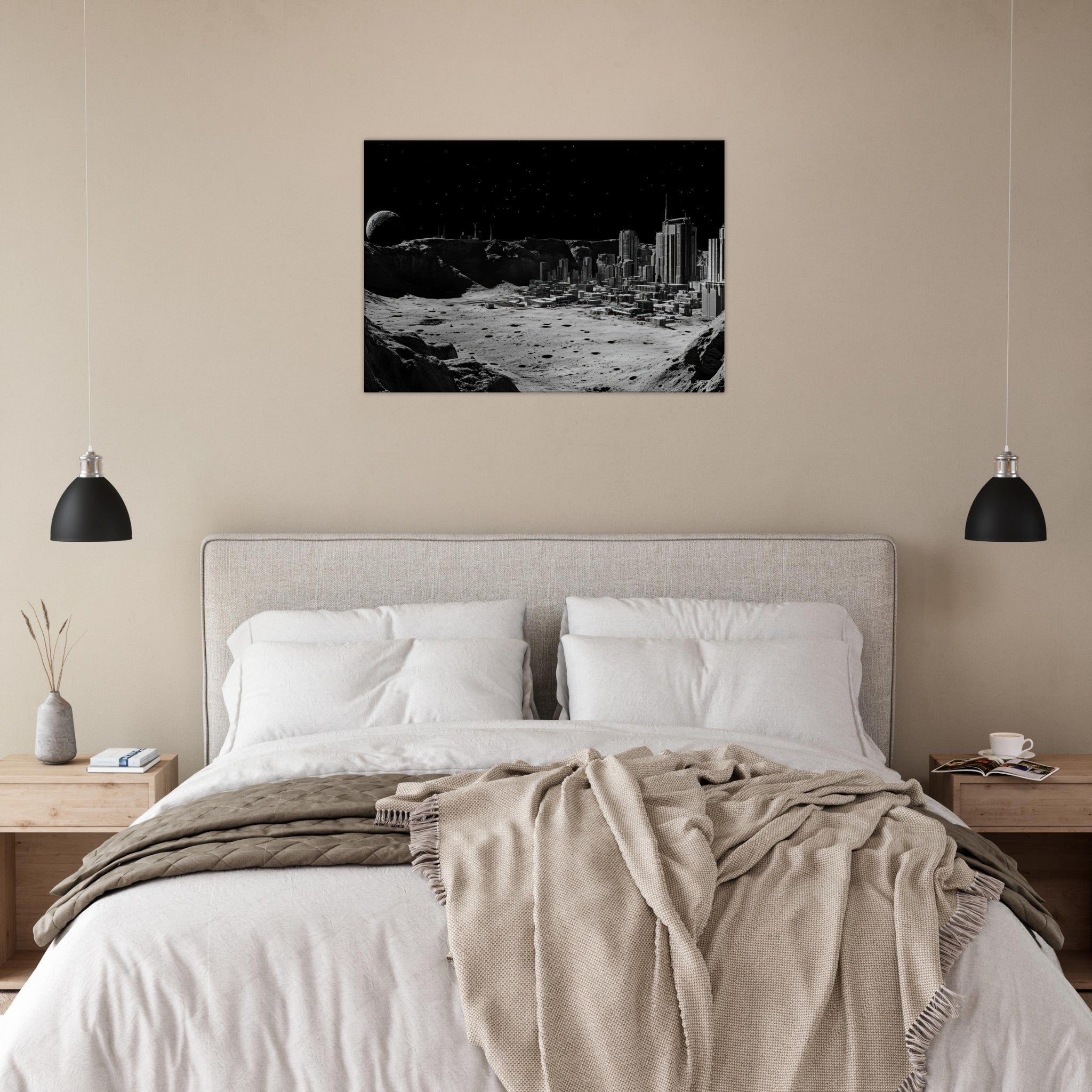 Canvas Landscape - Crater City on a Dead Moon A sprawling city built - Shop Ai Art WebShop - Digital Art online Store