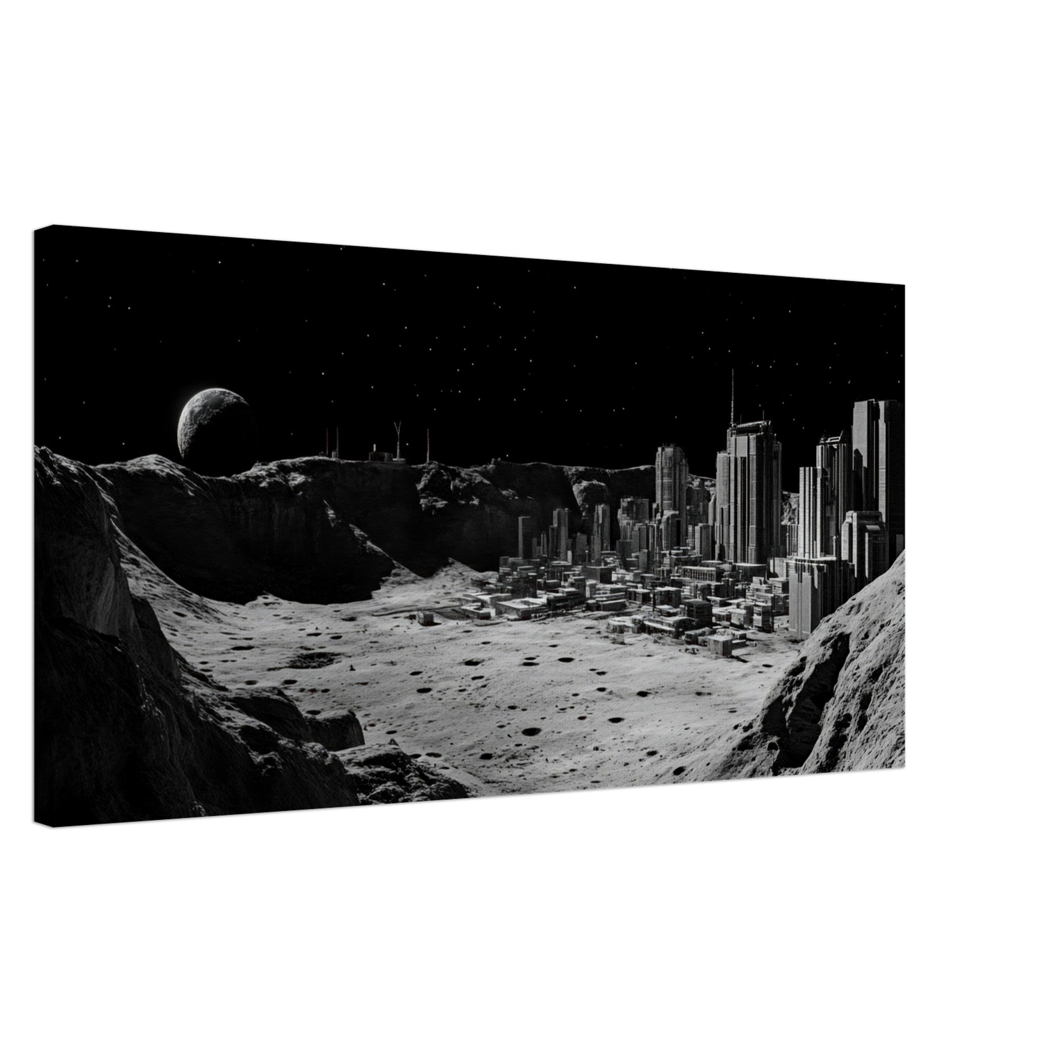 Canvas Landscape - Crater City on a Dead Moon A sprawling city built - Shop Ai Art WebShop - Digital Art online Store