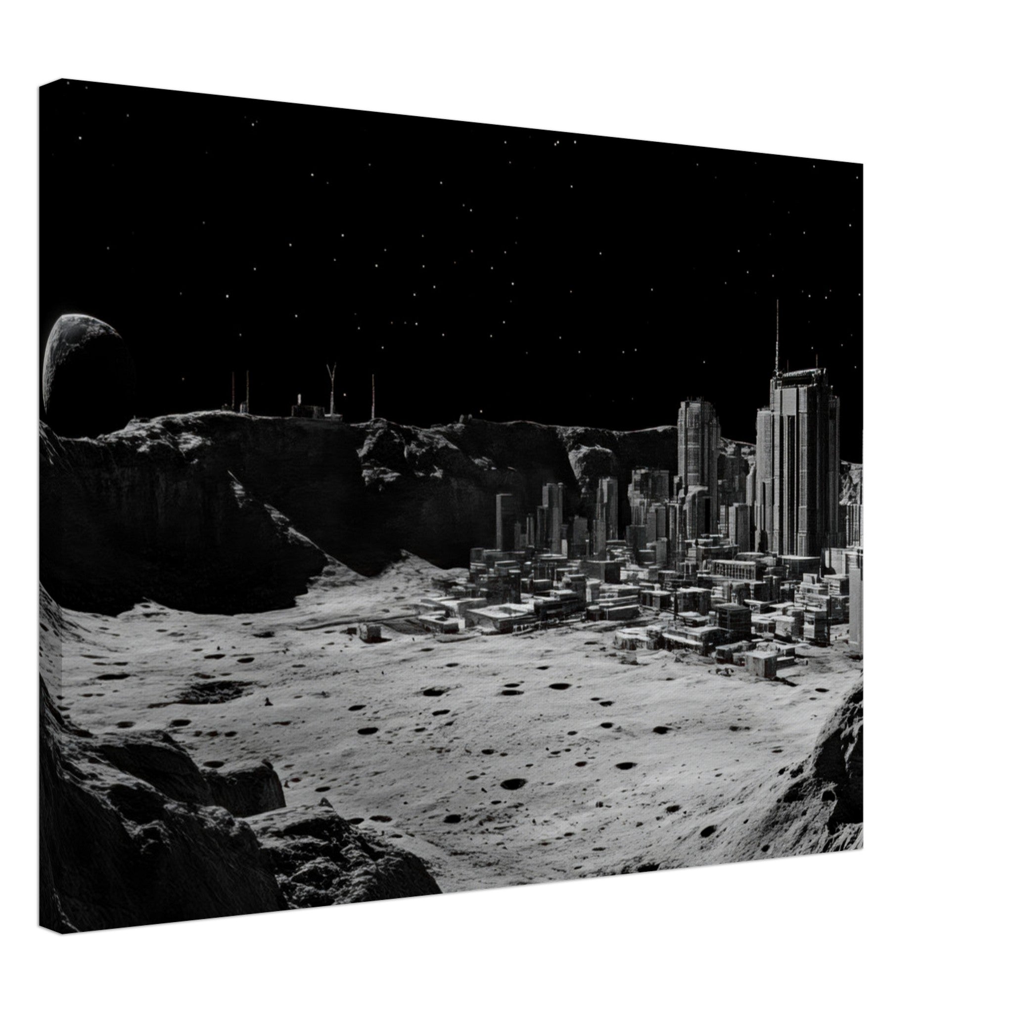 Canvas Landscape - Crater City on a Dead Moon A sprawling city built - Shop Ai Art WebShop - Digital Art online Store