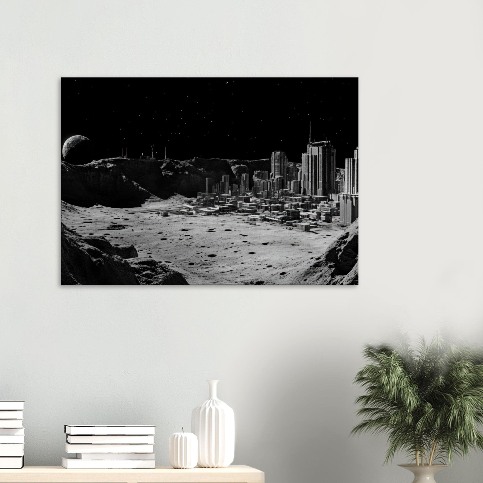 Canvas Landscape - Crater City on a Dead Moon A sprawling city built - Shop Ai Art WebShop - Digital Art online Store