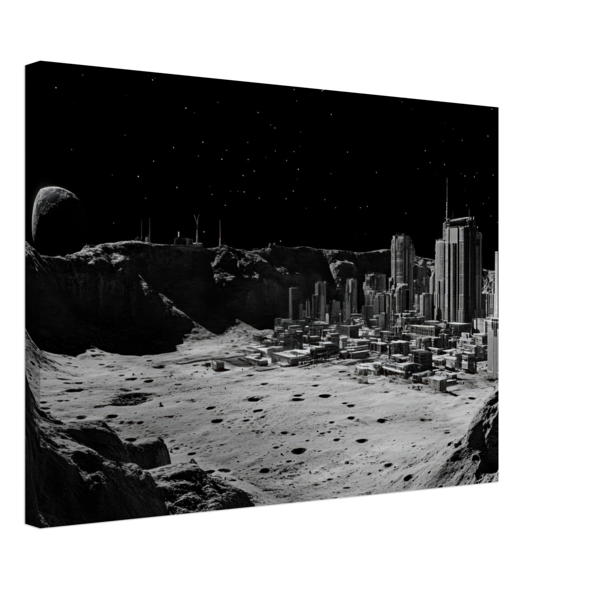 Canvas Landscape - Crater City on a Dead Moon A sprawling city built - Shop Ai Art WebShop - Digital Art online Store