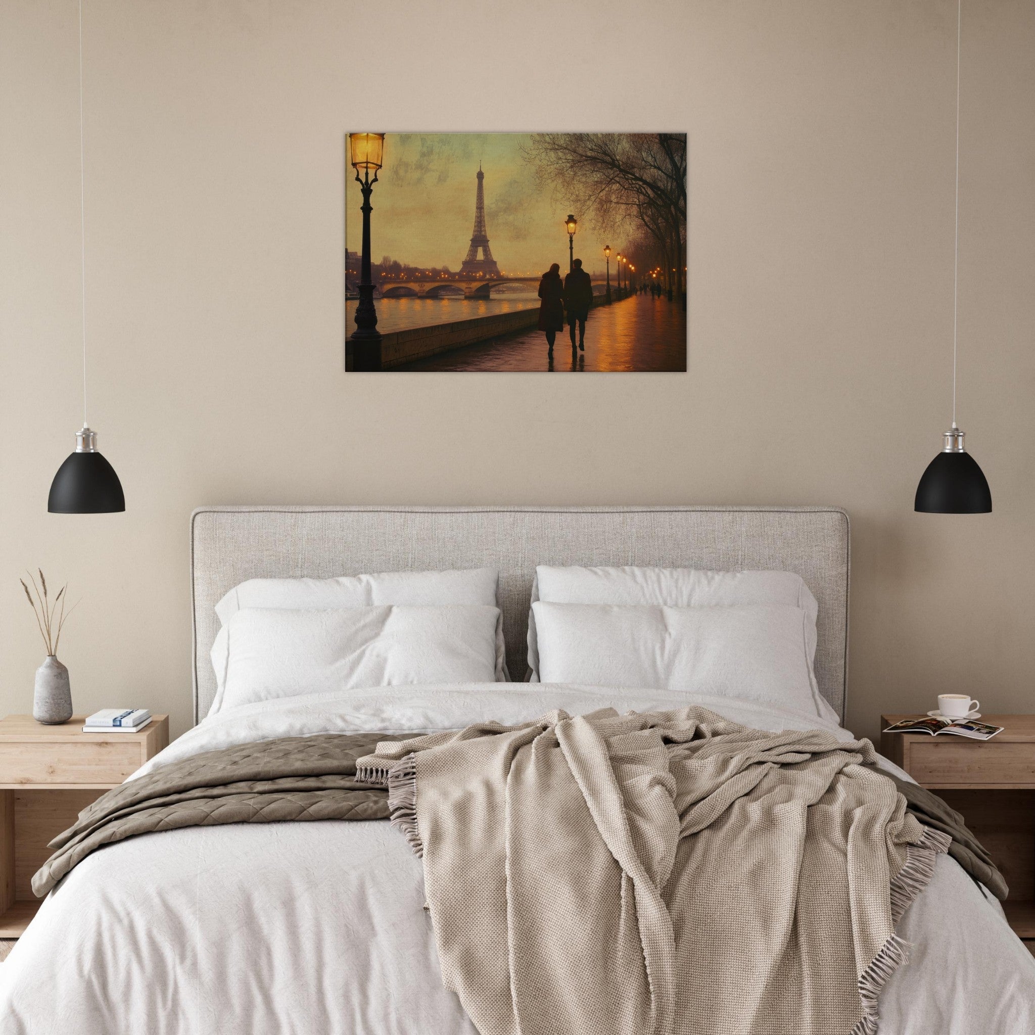 Canvas Landscape - Evening Stroll Along the Seine A romantic river 2 - Shop Ai Art WebShop - Digital Art online Store