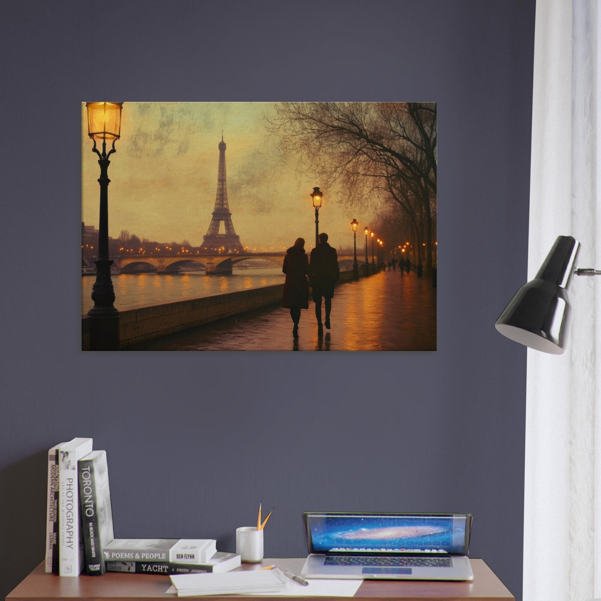 Canvas Landscape - Evening Stroll Along the Seine A romantic river 2 - Shop Ai Art WebShop - Digital Art online Store
