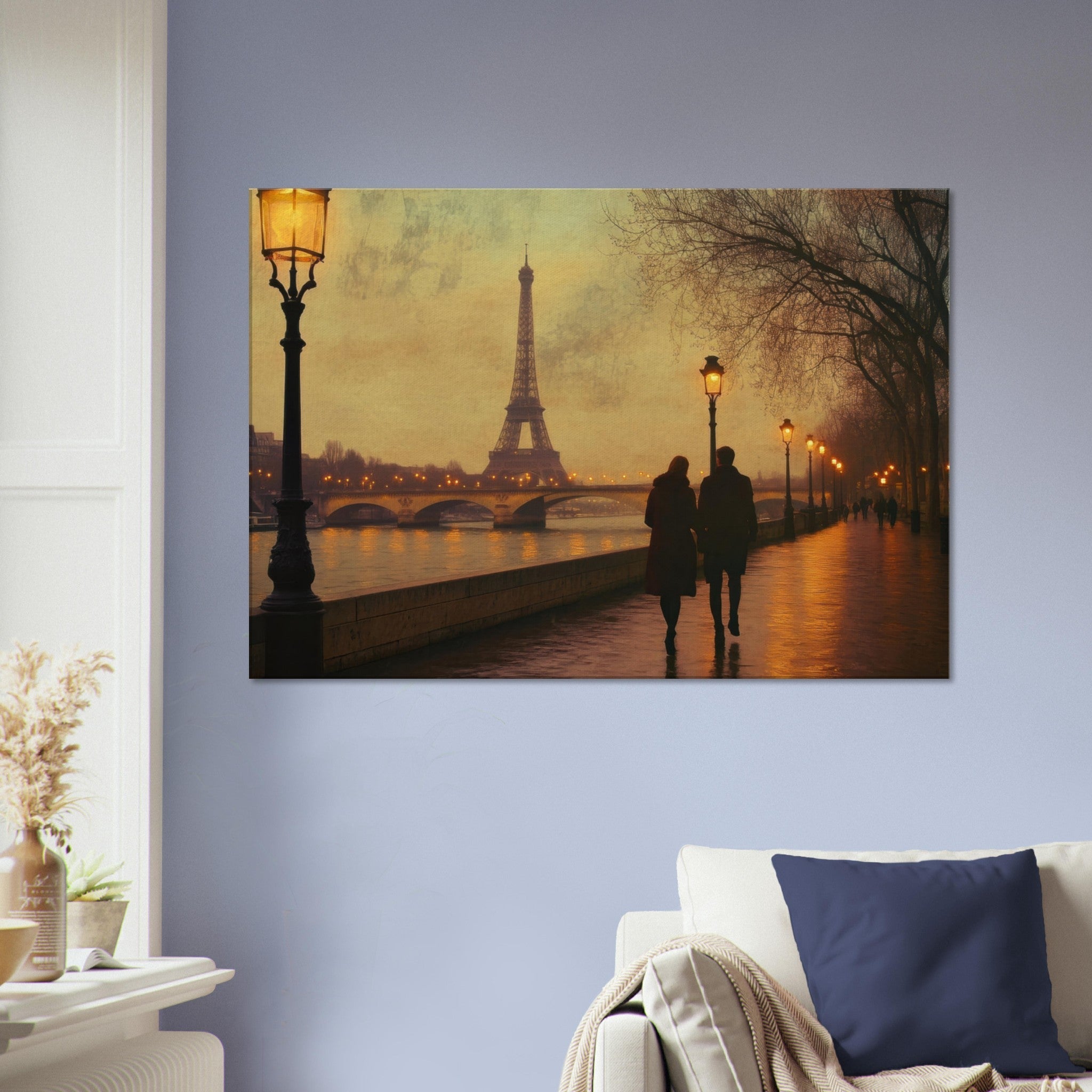 Canvas Landscape - Evening Stroll Along the Seine A romantic river 2 - Shop Ai Art WebShop - Digital Art online Store