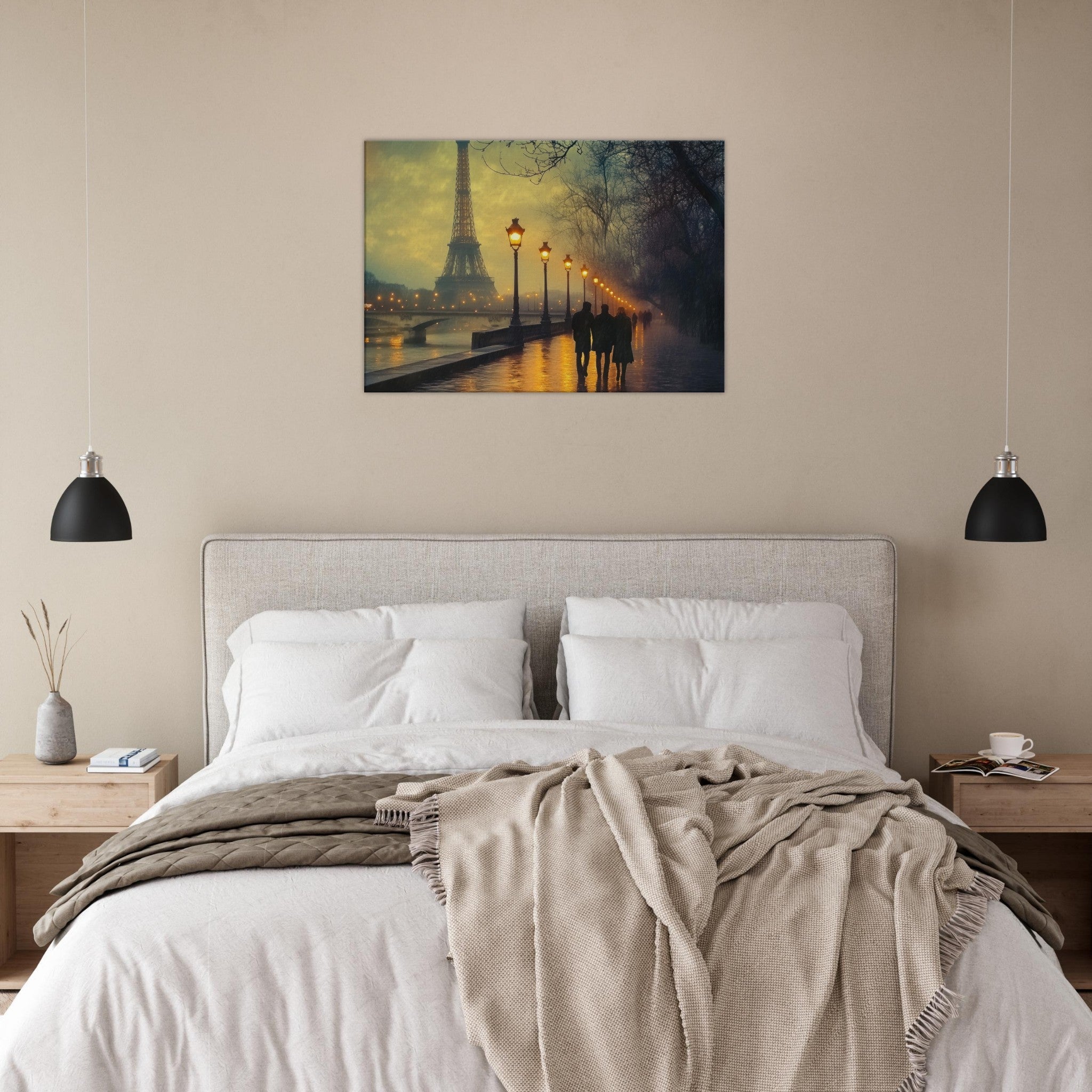 Canvas Landscape - Evening Stroll Along the Seine A romantic river - Shop Ai Art WebShop - Digital Art online Store