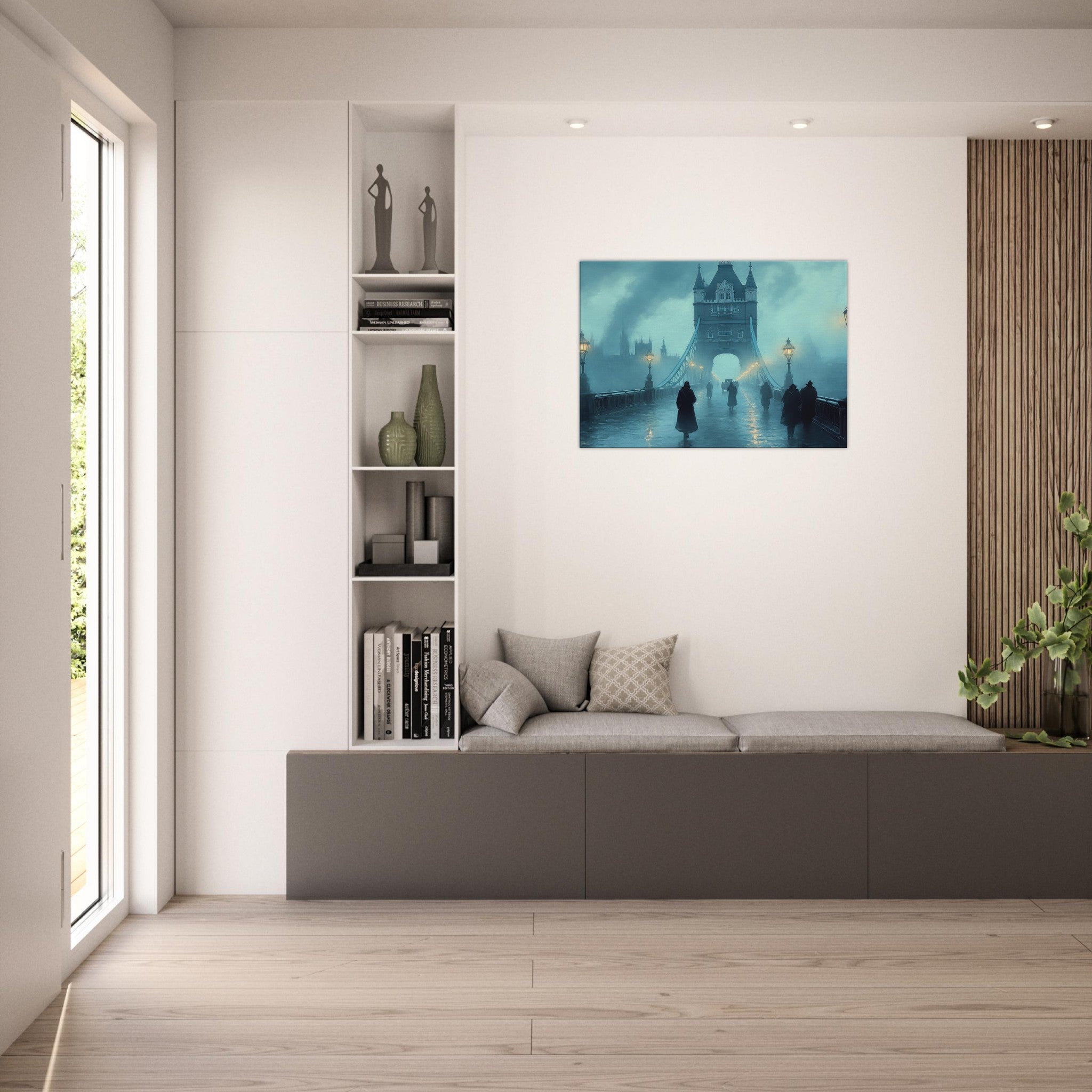 Canvas Landscape - Foggy London Bridge at Dawn A misty morning vie 2 - Shop Ai Art WebShop - Digital Art online Store