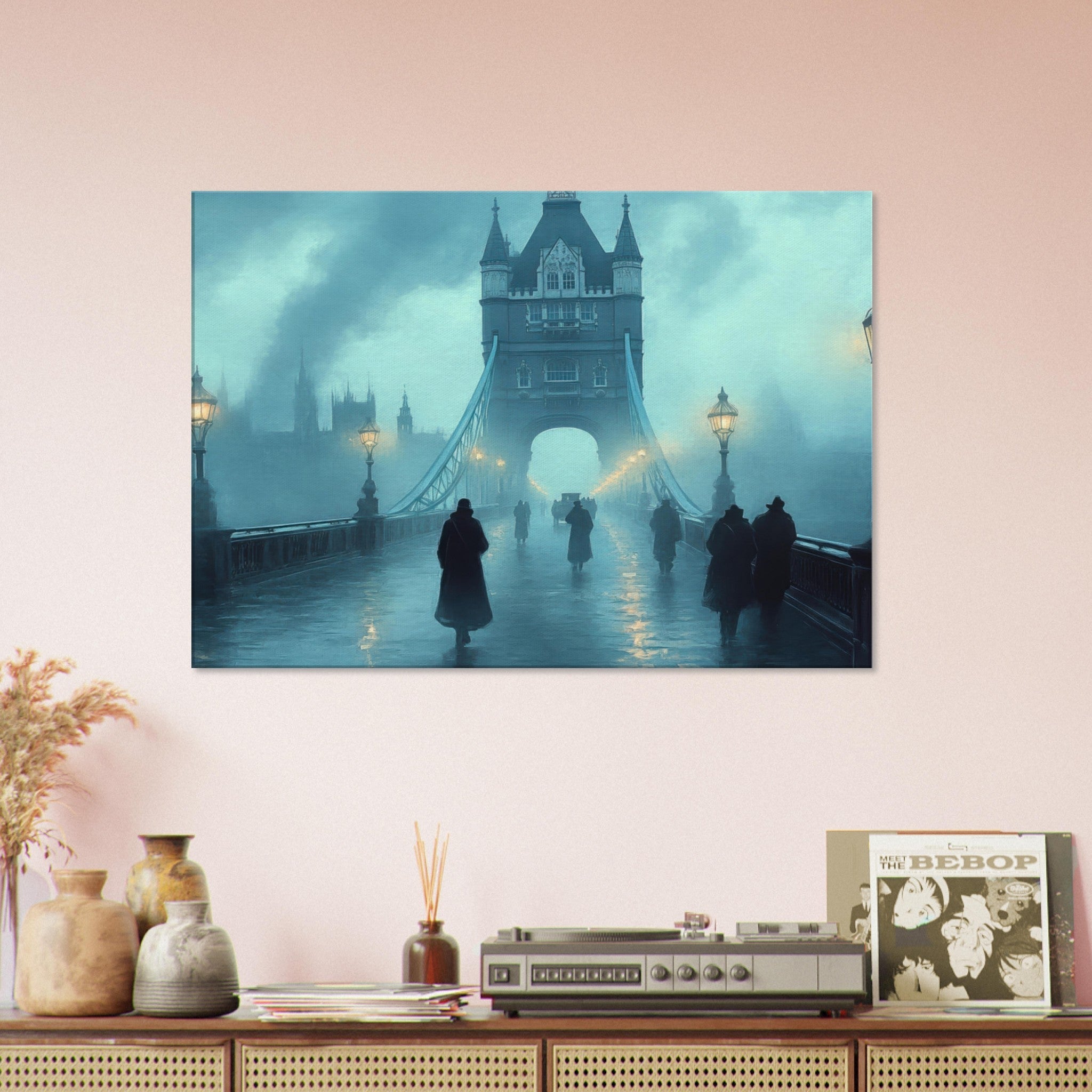 Canvas Landscape - Foggy London Bridge at Dawn A misty morning vie 2 - Shop Ai Art WebShop - Digital Art online Store