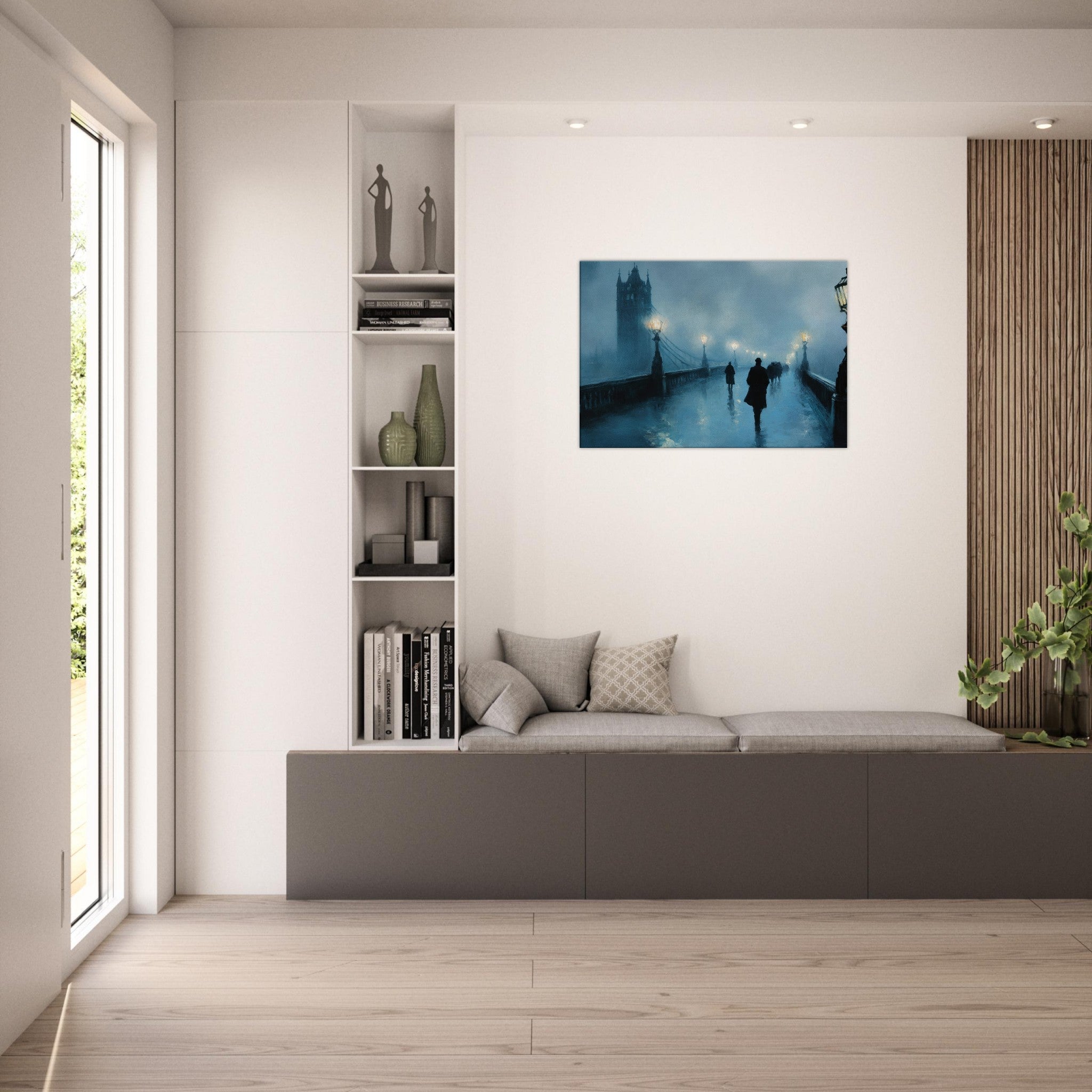 Canvas Landscape - Foggy London Bridge at Dawn A misty morning vie - Shop Ai Art WebShop - Digital Art online Store