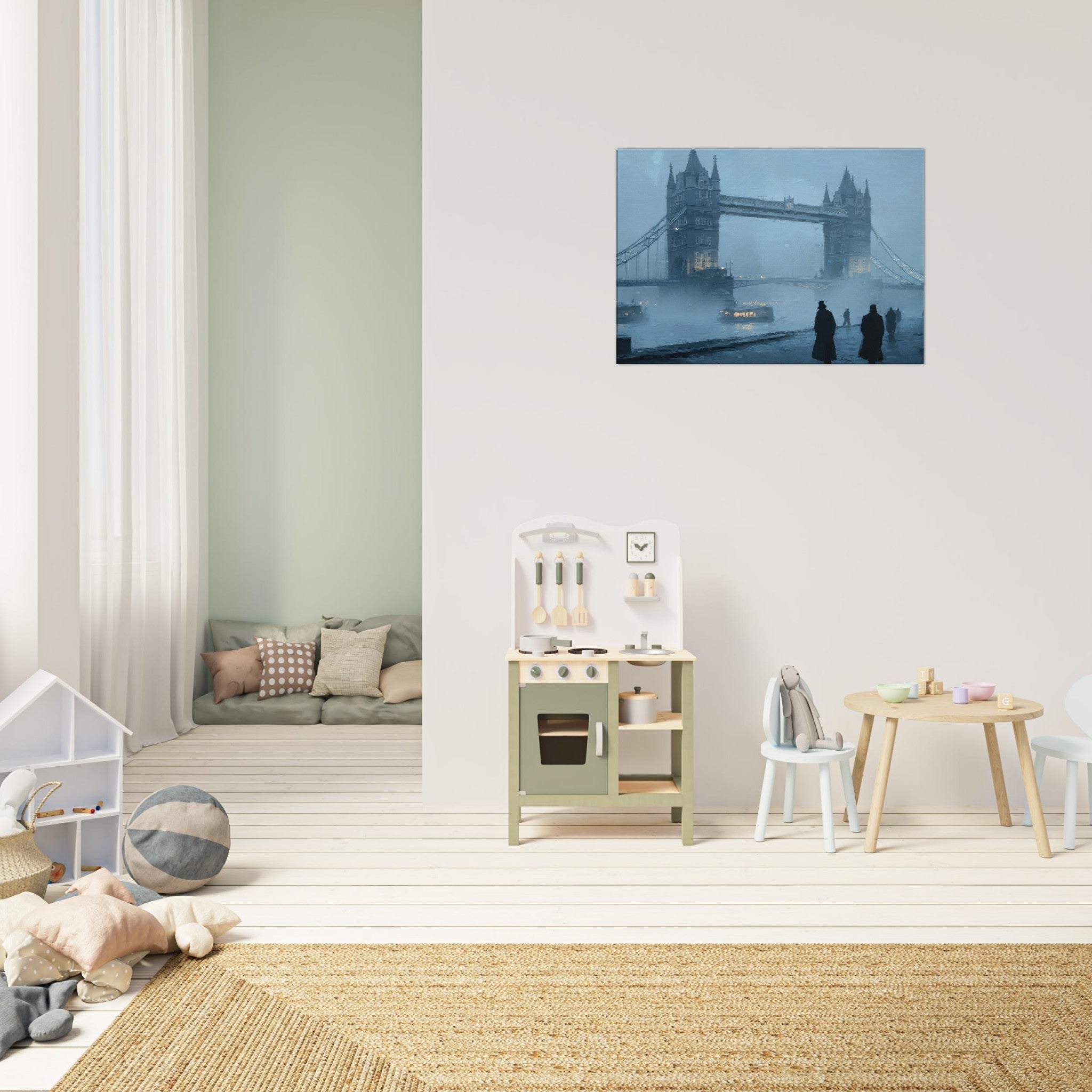 Canvas Landscape - Foggy London Bridge at Dawn A misty morning vie 3 - Shop Ai Art WebShop - Digital Art online Store
