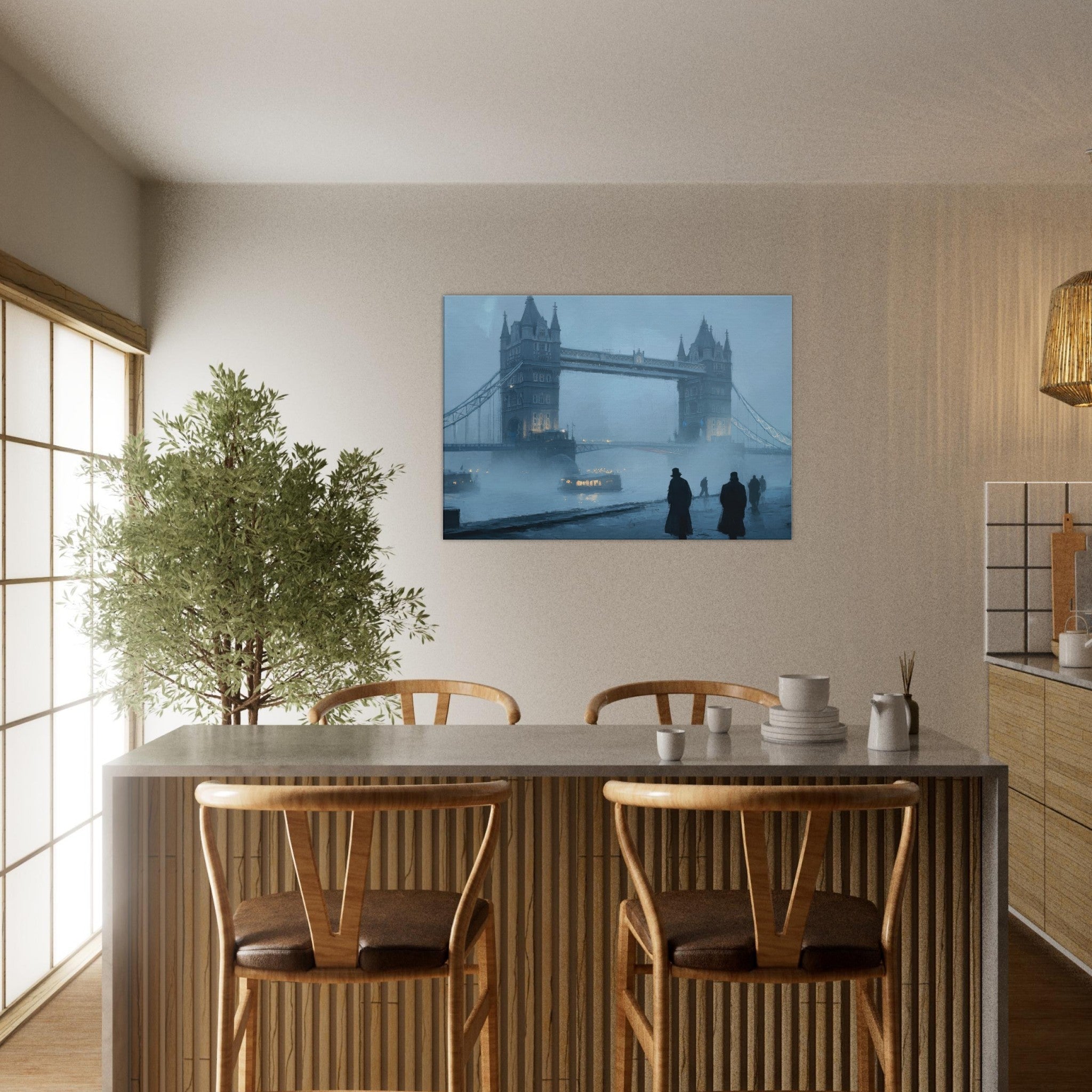 Canvas Landscape - Foggy London Bridge at Dawn A misty morning vie 3 - Shop Ai Art WebShop - Digital Art online Store