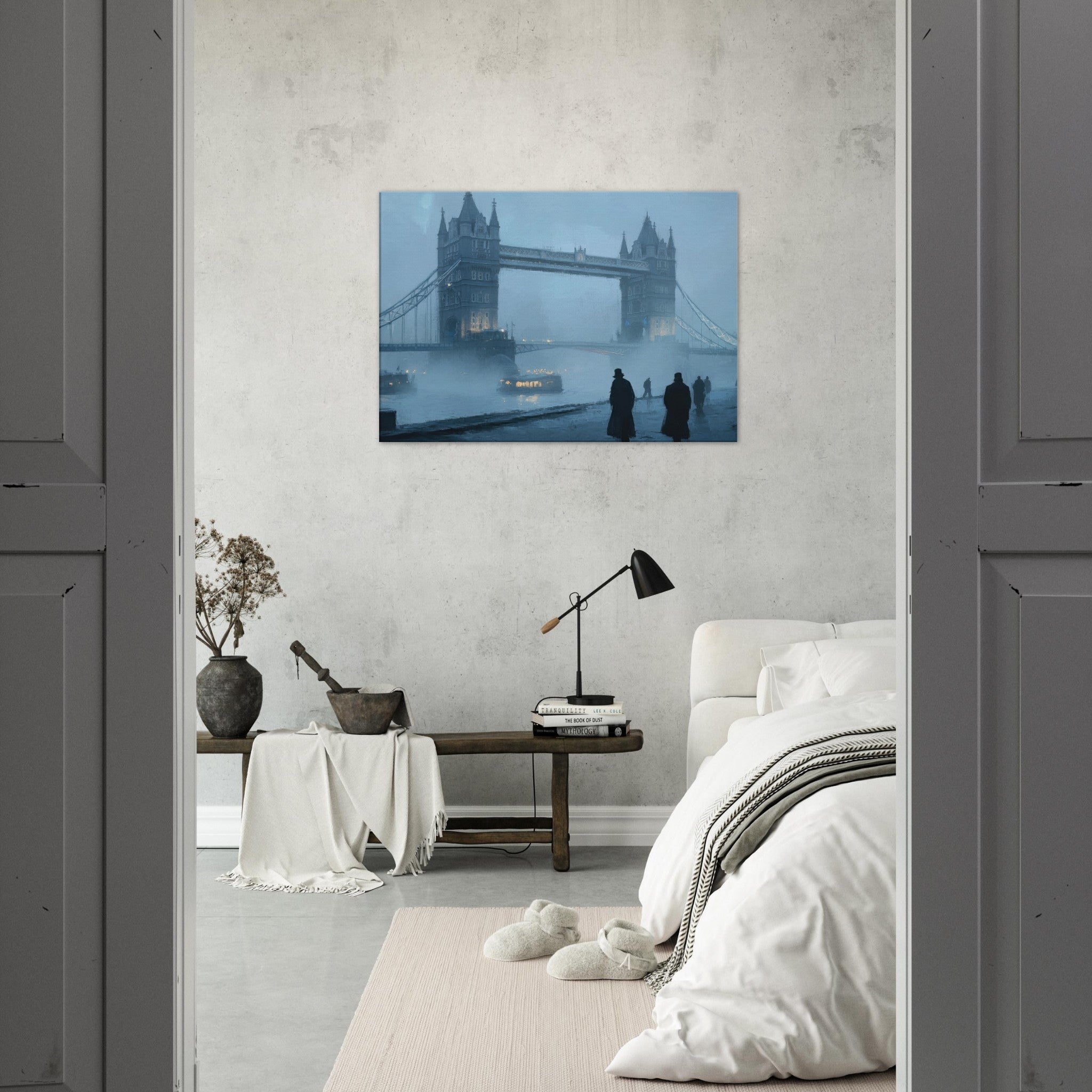 Canvas Landscape - Foggy London Bridge at Dawn A misty morning vie 3 - Shop Ai Art WebShop - Digital Art online Store