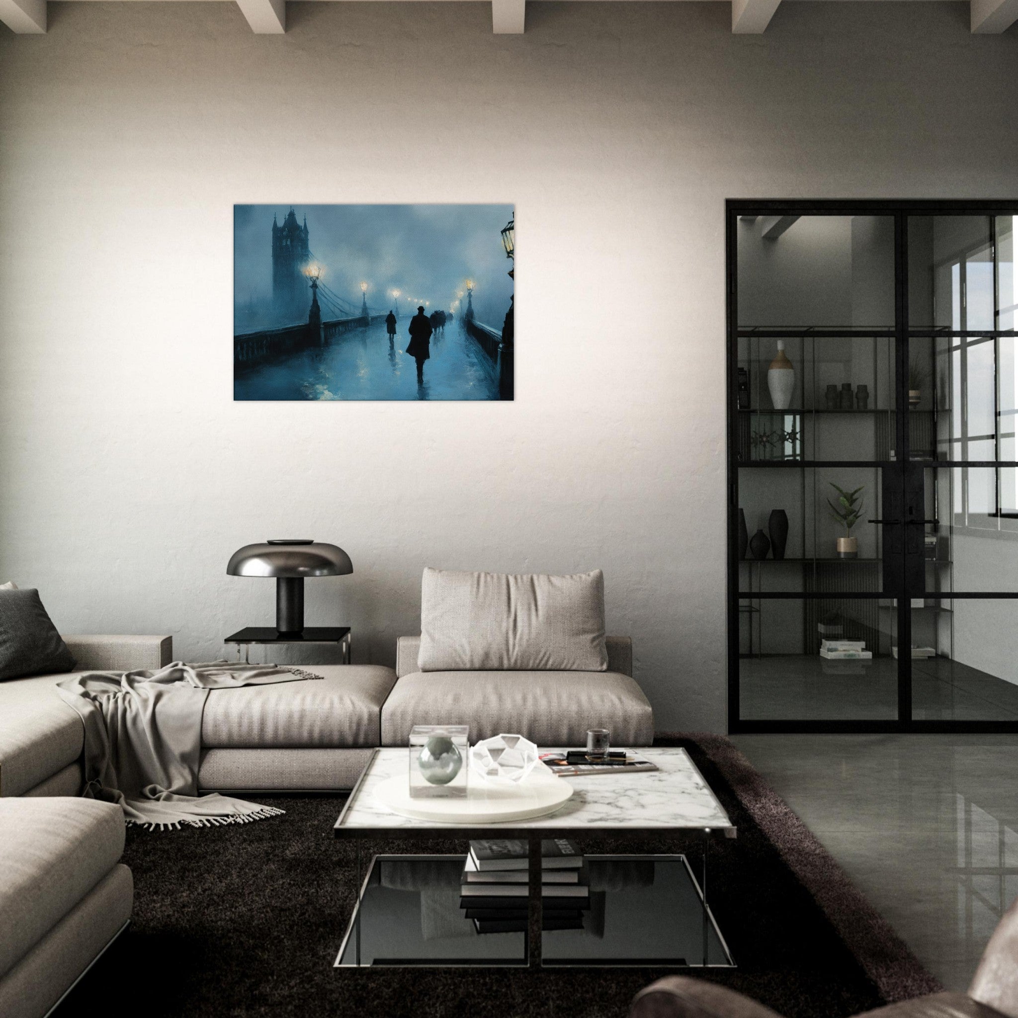 Canvas Landscape - Foggy London Bridge at Dawn A misty morning vie - Shop Ai Art WebShop - Digital Art online Store