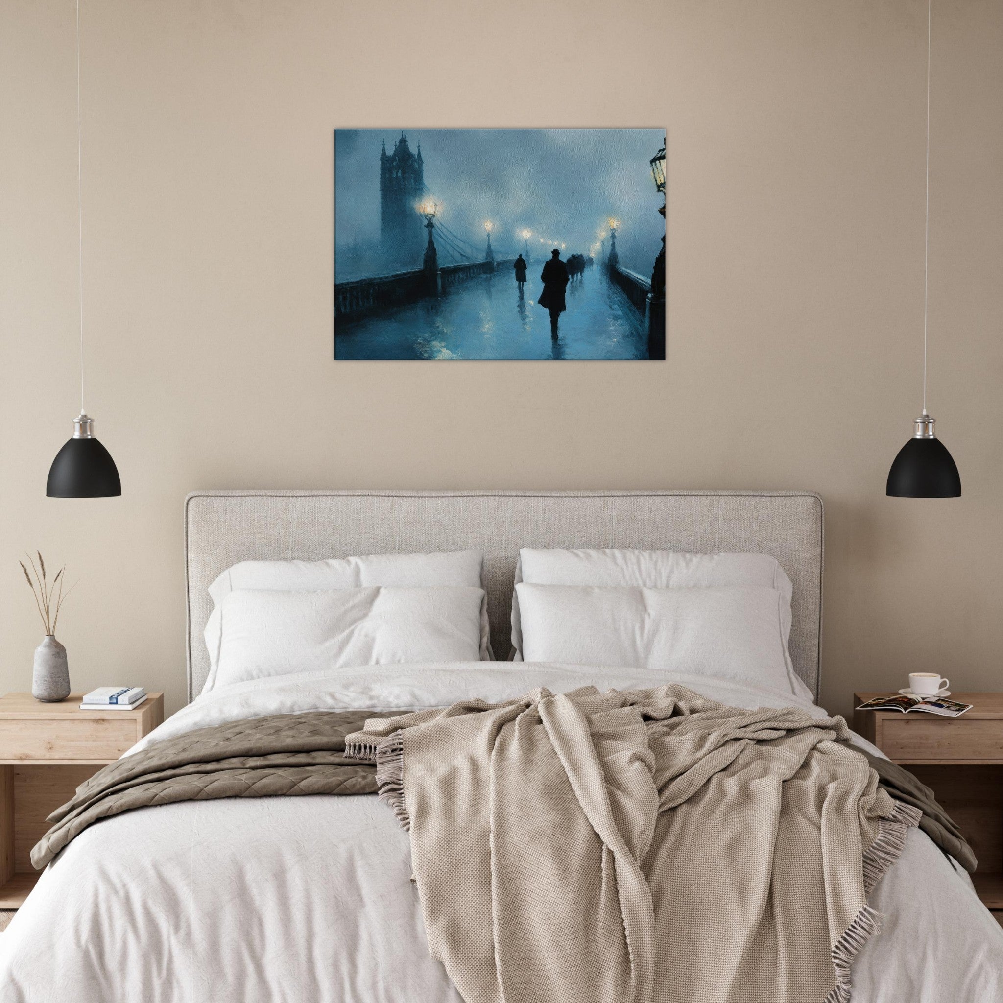 Canvas Landscape - Foggy London Bridge at Dawn A misty morning vie - Shop Ai Art WebShop - Digital Art online Store