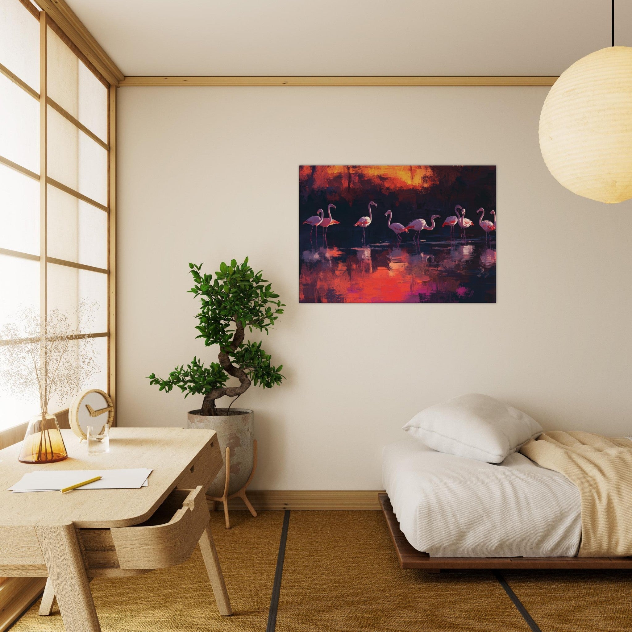 Canvas Landscape - Surreal Flamingo Lake at Sunset Graceful flaming - Shop Ai Art WebShop - Digital Art online Store