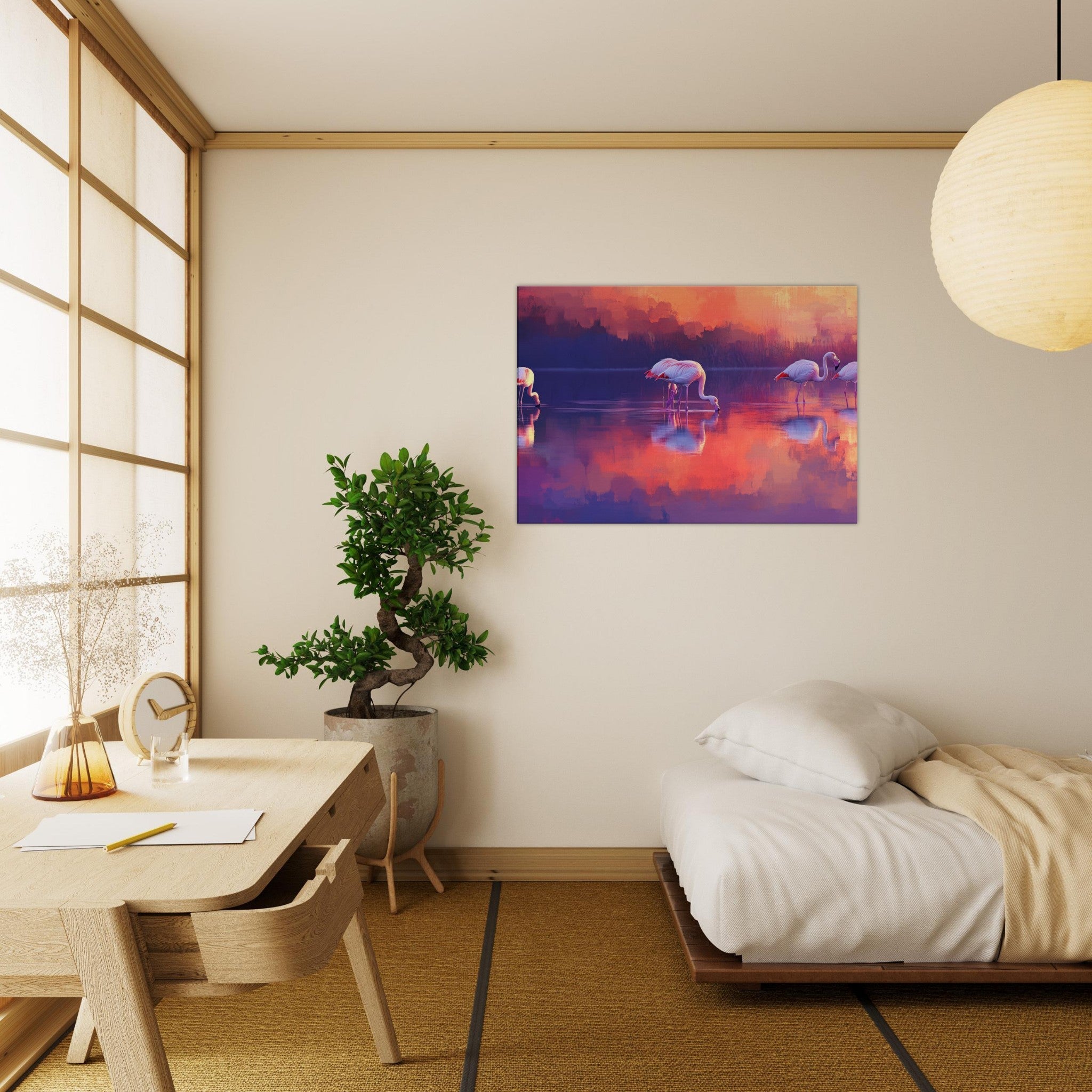 Canvas Landscape - Surreal Flamingo Lake at Sunset Graceful flaming 2 - Shop Ai Art WebShop - Digital Art online Store