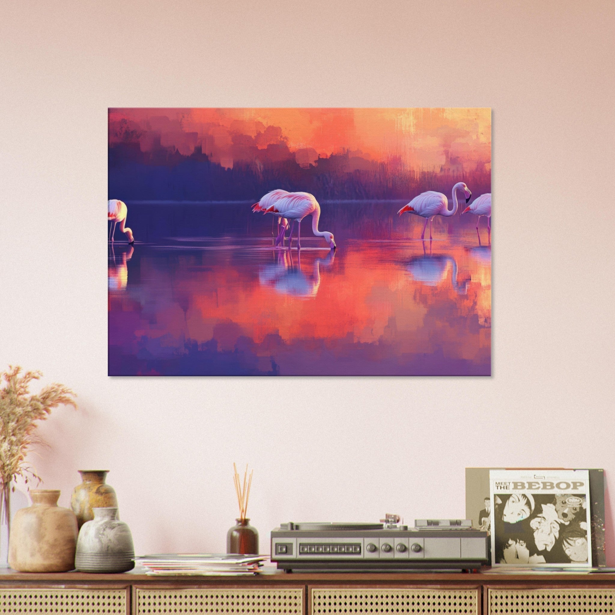 Canvas Landscape - Surreal Flamingo Lake at Sunset Graceful flaming 2 - Shop Ai Art WebShop - Digital Art online Store