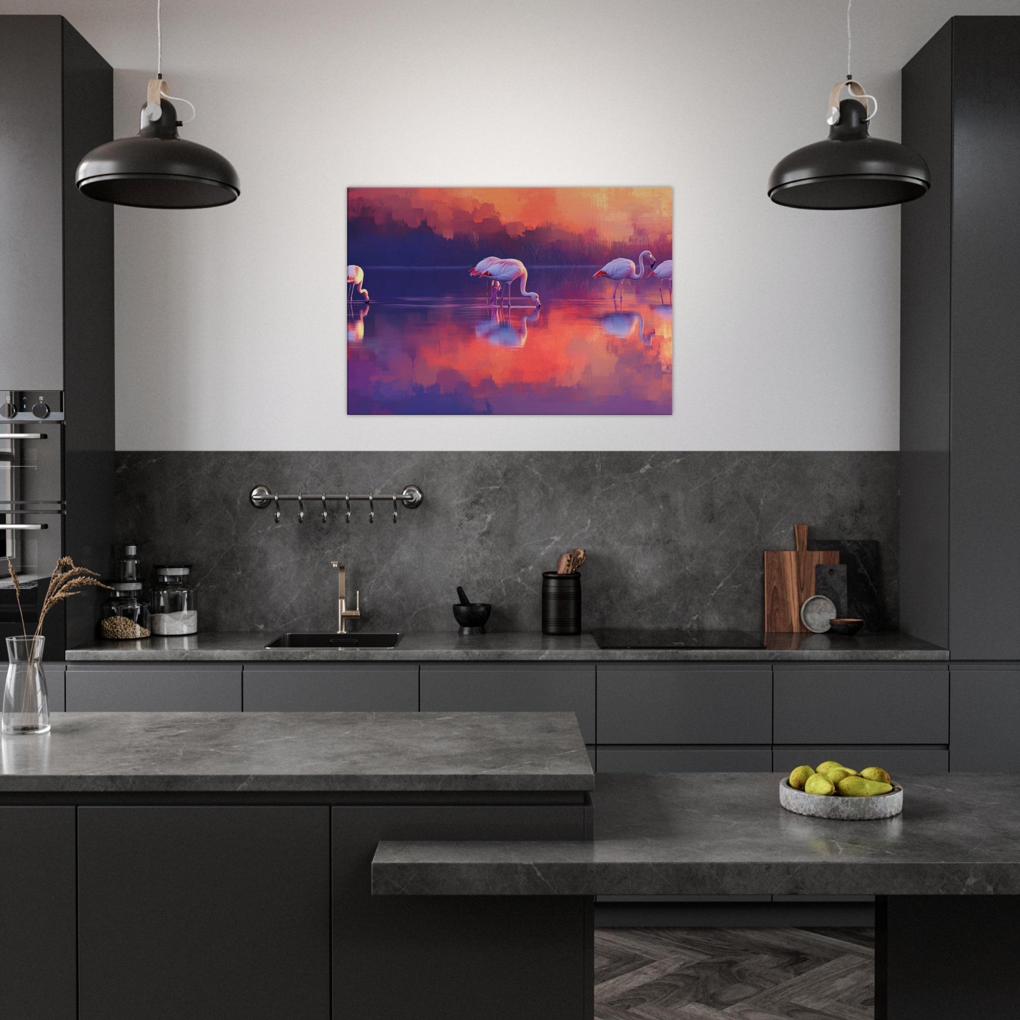 Canvas Landscape - Surreal Flamingo Lake at Sunset Graceful flaming 2 - Shop Ai Art WebShop - Digital Art online Store