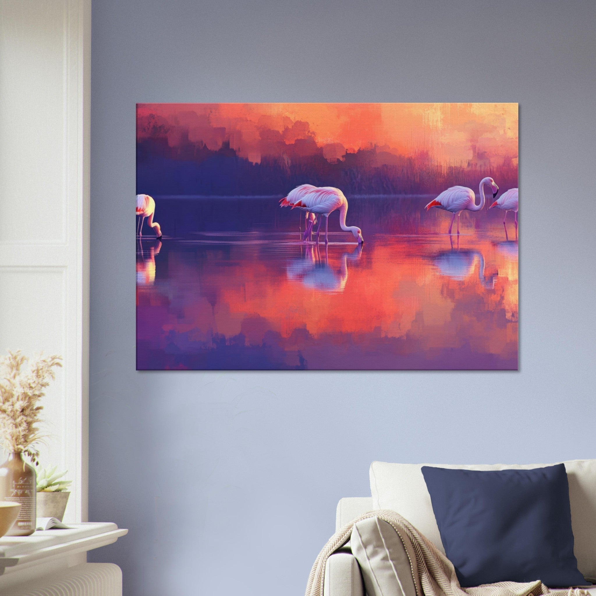 Canvas Landscape - Surreal Flamingo Lake at Sunset Graceful flaming 2 - Shop Ai Art WebShop - Digital Art online Store