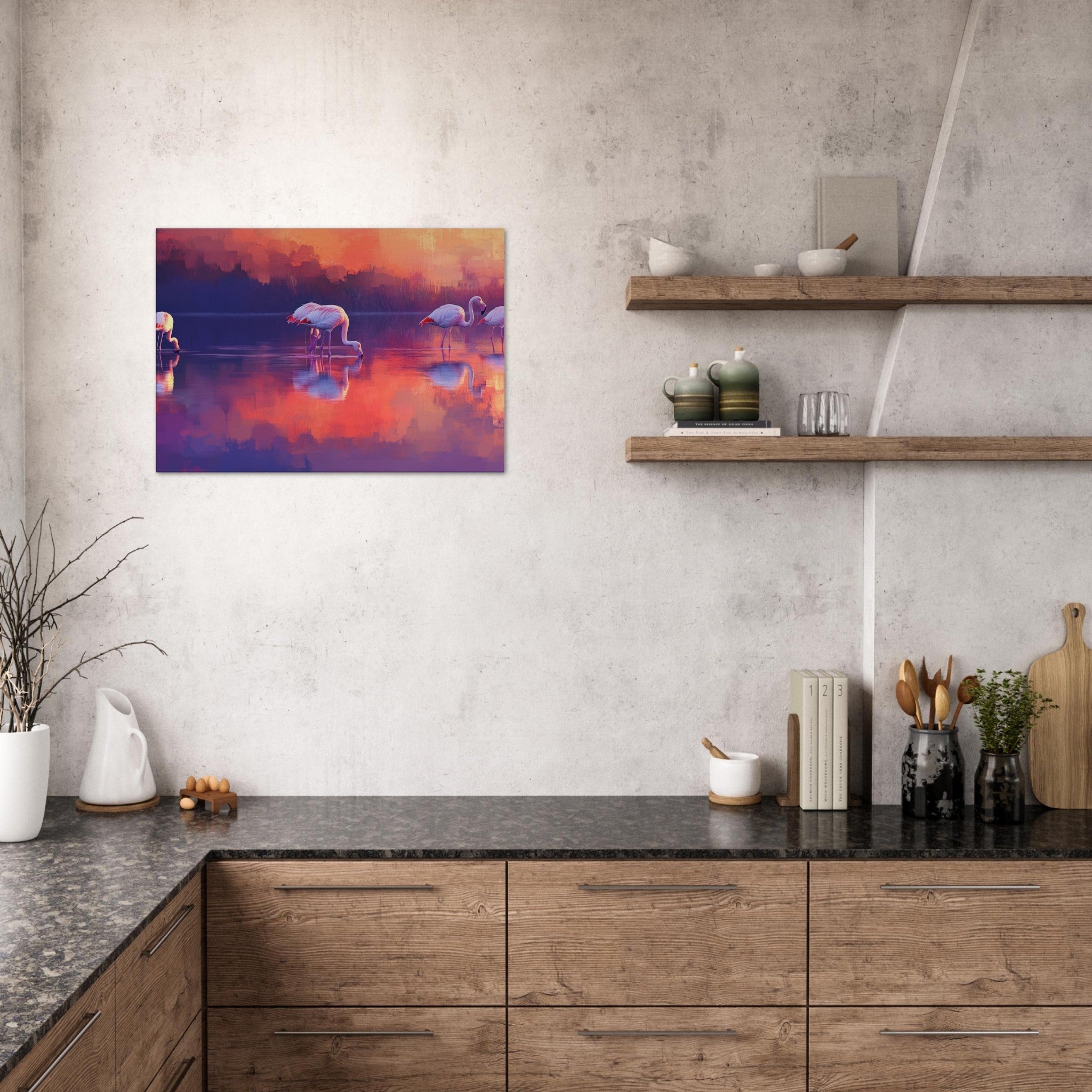 Canvas Landscape - Surreal Flamingo Lake at Sunset Graceful flaming 2 - Shop Ai Art WebShop - Digital Art online Store