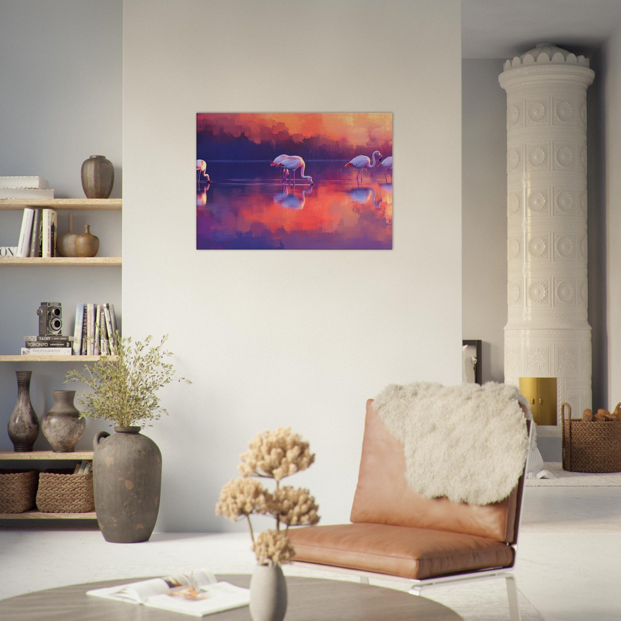 Canvas Landscape - Surreal Flamingo Lake at Sunset Graceful flaming 2 - Shop Ai Art WebShop - Digital Art online Store